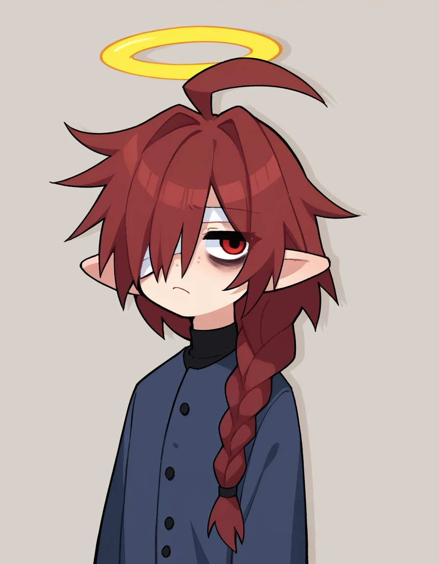 zPDXL, score_9, score_8_up, score_7_up, source_anime, 8k, absurdres,
<lora:StickySweet_v2:1> stkyswt, 1girl, solo, tomboy, <lora:Nullantwins:0.8> Lynn, red hair, red eyes, (bandage over one eye, hair over one eye), braided ponytail, halo, freckles, bags under eyes, jitome, ahoge, pointed ears, flat chest