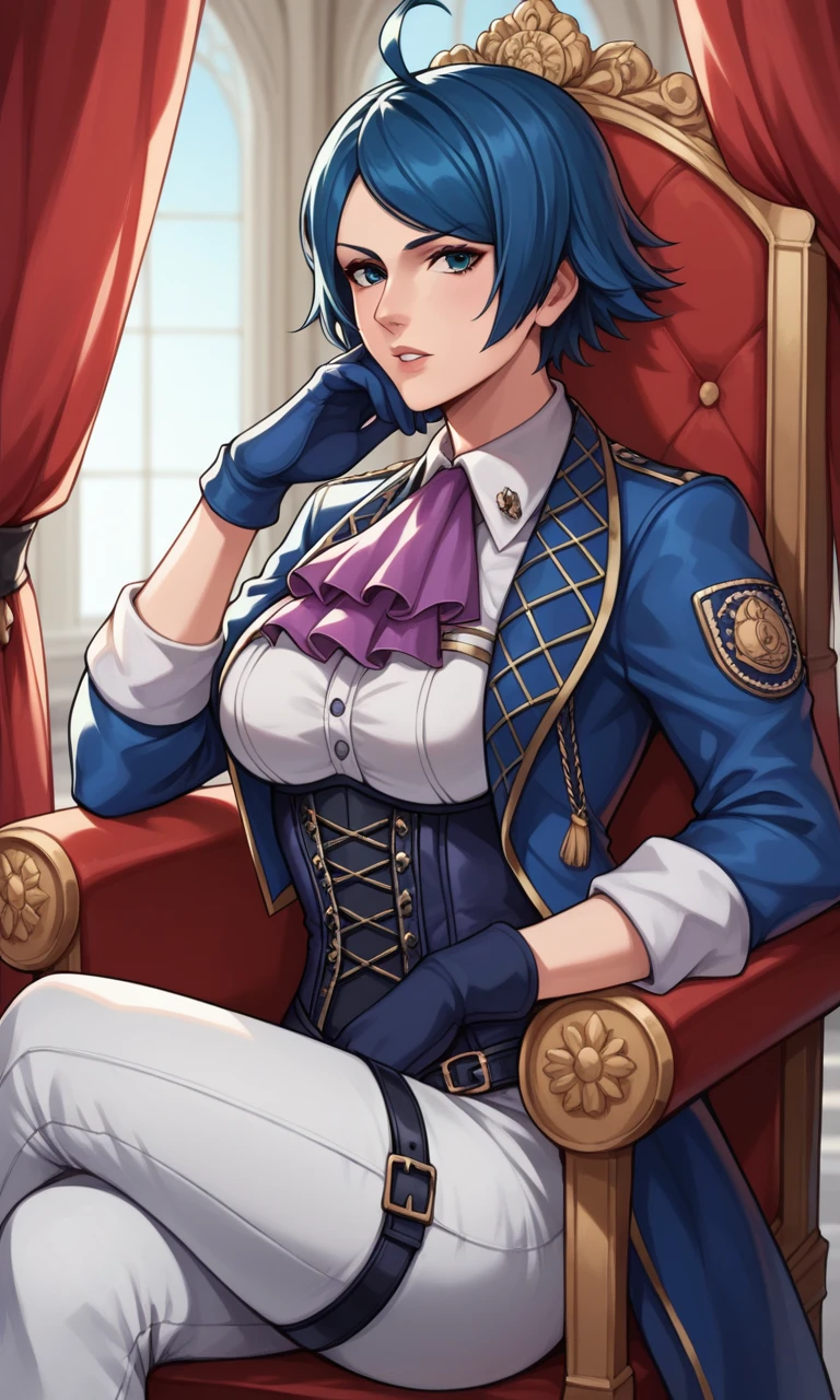 score_9, score_8_up, score_7_up, score_6_up, source_anime, BREAK masterpiece, ElizabethXV, blue jacket, , blue corset, white shirt, ascot, gloves, sleeves rolled up, white pants, sitting, throne, crossed, legs, looking at viewer, hand on own face, blue hair, blue eyes, parted lips, red curtains, breasts, castle,