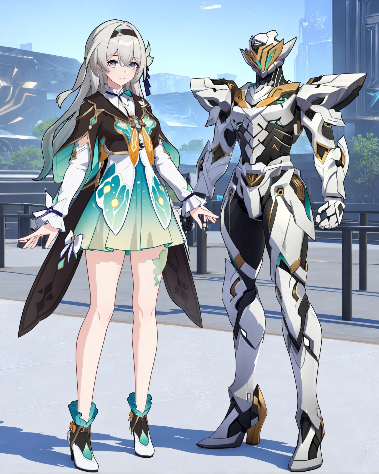(8k:0.9), best quality, masterpiece, (ultra-detailed:1.2), (high detailed skin), full body,
<lora:LKtrainre-A3-Tanger-000010:0.7>, Firefly /(honkai: star rail/), Firefly's def clothes, Sam /(honkai: star rail/), 1girl, robot, two anime characters standing next to each other,
