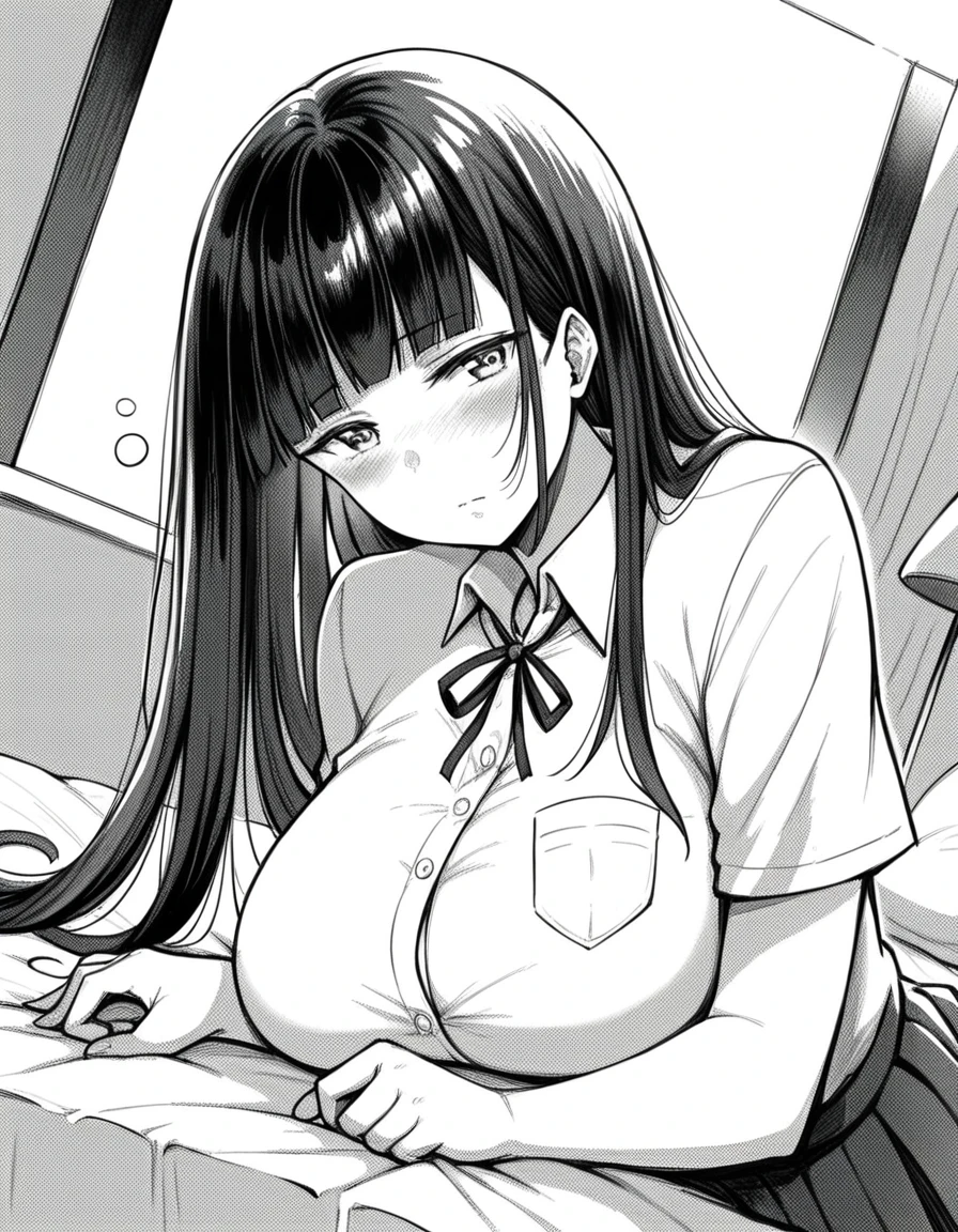 score_9, score_8_up, score_7_up, source_anime,
aksichika, <lora:aks-ichika-manga-ponyxl-lora-nochekaiser:1>,
ichika, long hair, bangs, large breasts, monochrome, greyscale, blunt bangs,
skirt, shirt, ribbon, school uniform, pleated skirt, collared shirt, dress shirt, neck ribbon, shirt tucked in, breast pocket,
indoors, bed, bed room, on side, blush, drunk,
cowboy shot, looking at viewer, solo, dutch angle,