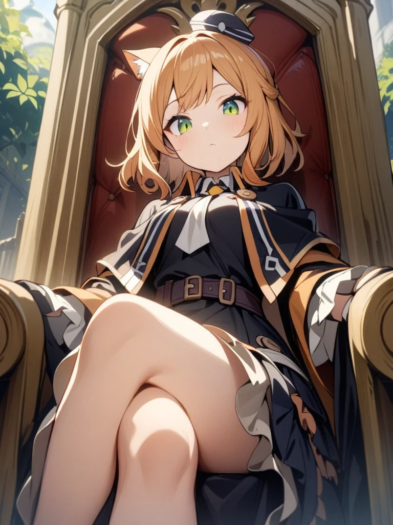 1girl,msakn,green eyes,black dress, small hat ,outdoors,1girl, sitting, crossed legs,throne, looking down, from bottom, looking at viewer, outdoors, masterpiece, best quality, very aesthetic, absurdres<lora:sdxl_mousse_arknights:1>
