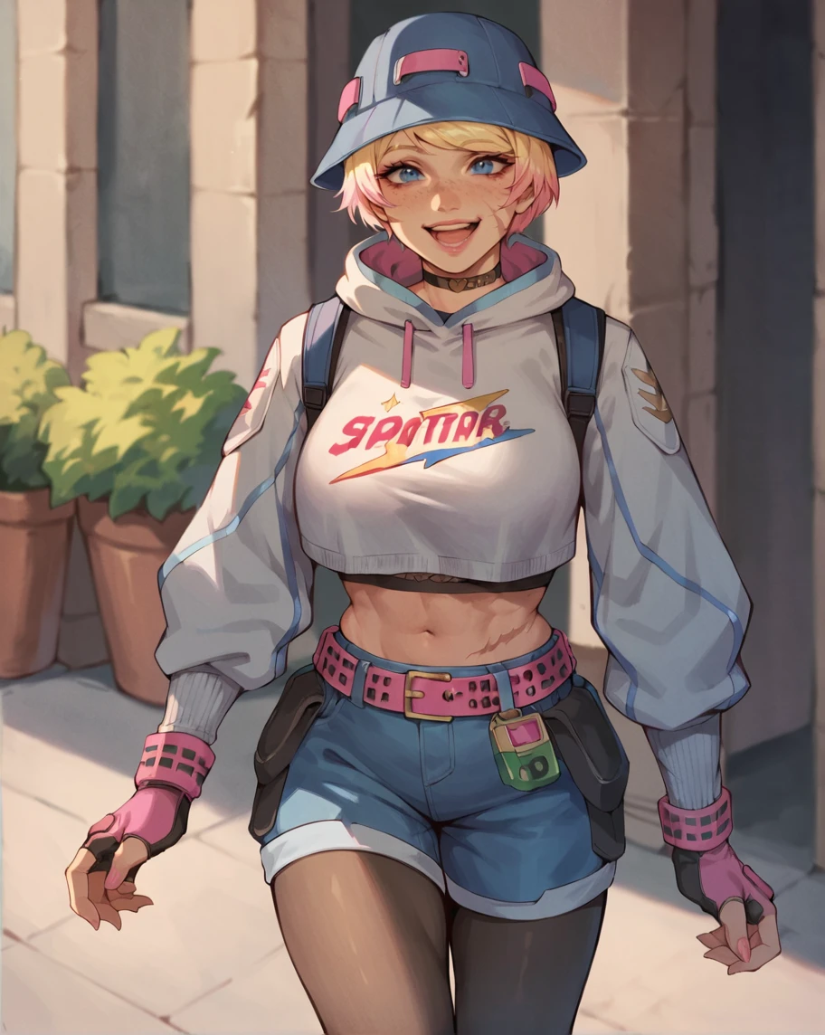 (Masterpiece:1.4), (best quality:1.2), score_9, score_8_up, score_7_up, score_6_up, 1girl, solo, no humans, wtst4tic, pink belt, blue shorts, denim shorts, black pantyhose, grey leg warmers, sneakers, blonde hair, blue hat, cropped hoodie, gradient hair, grey hoodie, multicolored hair, pink hair, short hair, crop top, black gloves, fingerless gloves, pink gloves, midriff, long sleeves, blue eyes, large breasts, black choker, navel, scar on stomach, pink lips, scar on cheek, pink nails, freckles, clothes writing, happy, laughing