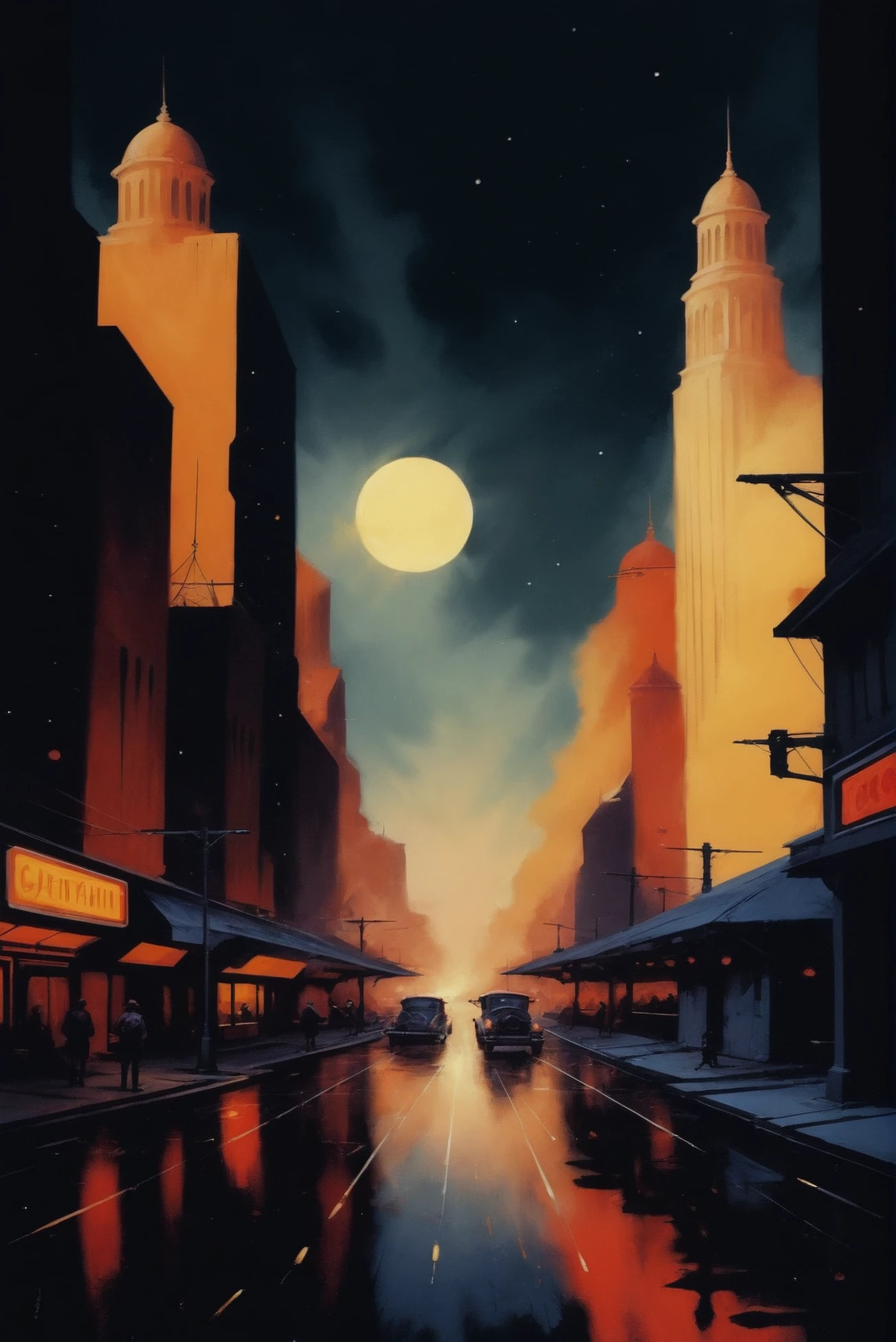 retro 1920s digital painting, rough brush strokes, comic book style, timeless,wonderous fantasy city outside of reality<lora:EnvyStarlightDarkRetro01:1.25>