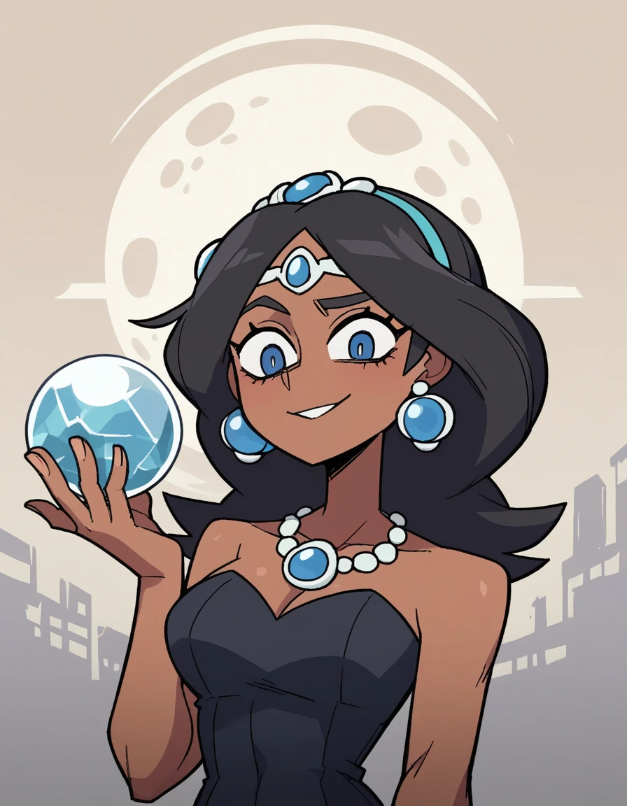 zPDXL, score_9, score_8_up, score_7_up, source_anime, 8k, absurdres, 
1girl, solo,  <lora:Vanitaker:1> vanitaker, Princess Jasmine, dark-skinned female, black hair, witch wearing Mesmerizing silver and black gown with moon and stars embellishments, sheer stockings, silver heels, (dark iron circlet), crystal ball, upper body, portrait,