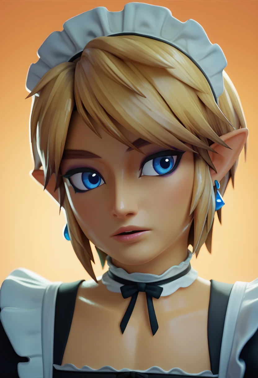 score_9, score_8_up, score_7_up, BREAK <lora:fugtrup-guy-PONYv2:1>, 1girl, solo, portrait, link, flat chest, makeup, maid, maid headdress, otoko no ko, looking to the side, orange background, depth of field, shiny skin, sidelighting, backlighting, blue eyes, blonde hair, short hair, earrings, parted lips, choker, enmaided, mascara,