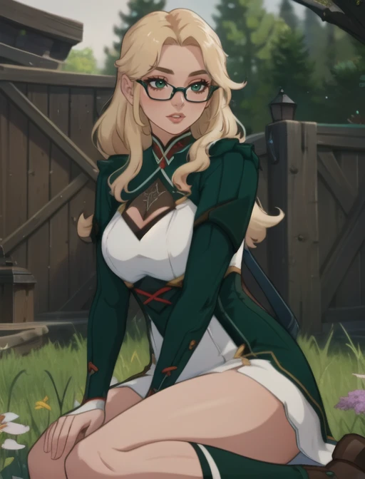 (masterpiece, best quality),(depth) of (field), <lora:AdventurerOutfit:0.7>adventureroutfit, adult, 1girl sitting in a field of green plants and flowers, warm lighting, blurry foreground, long blonde hair, glasses