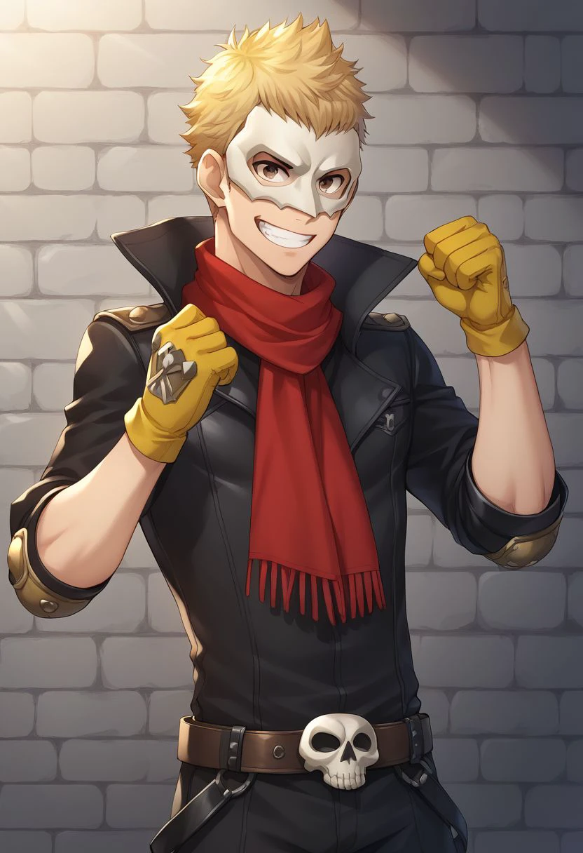 score_9, score_8_up, source_anime, highly detailed, 1boy, solo, male_focus
ryuji, solo, 1boy, male focus, mask, black mask, skull mask, blonde hair, gloves, belt, yellow gloves, scarf, red scarf, knee pads, grin, clenched fists, raised hands, upper body,
indoor, dungeon, wall,