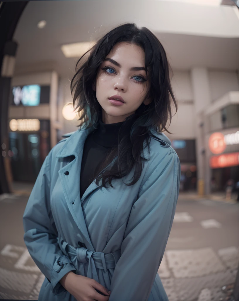 1girl, black hair, blue eyes, blurry, blurry background, blurry foreground, building, chromatic aberration, coat, depth of field, detective coat, detective jacket, fisheye, grey coat, lips, looking at viewer, medium hair, messy hair, motion blur, photo inset, pov, realistic, short hair, turtleneck, upper body,
(dynamic angle:1.4), 
 <lora:Detective_FIles:1> detective jacket, detective coat,