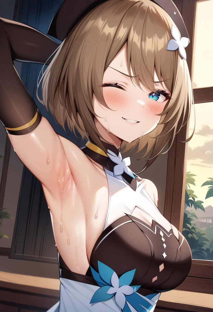 ((masterpiece, best quality)), high resolution,ultra detailed,8k,16k,detailed background, perfect lighting,detailed beautiful eyes, 1girl,solo,embarrassed,blush,show off nipple,steam,sweat,wet,in heat,(evil smile:1.2),look at viewer,(close up breasts),(upper body,front view:1.2),provocative eyes,fisheye lens,be breathless,show off armpits
,(medium breast,slender),(fair skin,barbara,medium curly twintail,blue eyes,blond hair,short body,short stature:1.2),(association,sister dress)