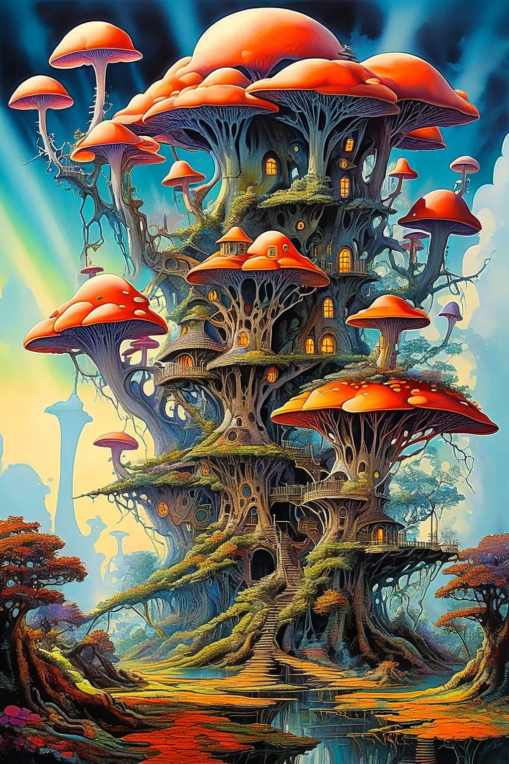 Surrealistic painting of highly detailed tree house with a giant mushroom growing out of it, dreamlike atmosphere, vibrant colors of cloudy sky with rays of sunlight shining through the trees
dagobahlnd  <lora:DagobahLnd:0.7>