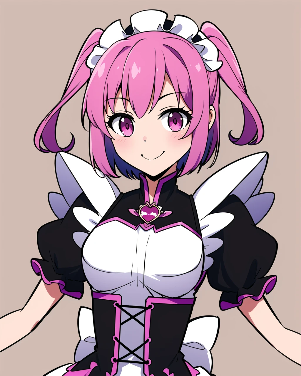 masterpiece, high quality, 1girl, mgrcmakinoikumi, medium shot, upper body, dynamic pose, pink eyes, pink hair, short twintails, maid hair ornament, pink brooch on chest, black with pink dress, white apron, black with pink corset, hands behind back, light smile, <lora:mgrcmakinoikumi-05:0.65>