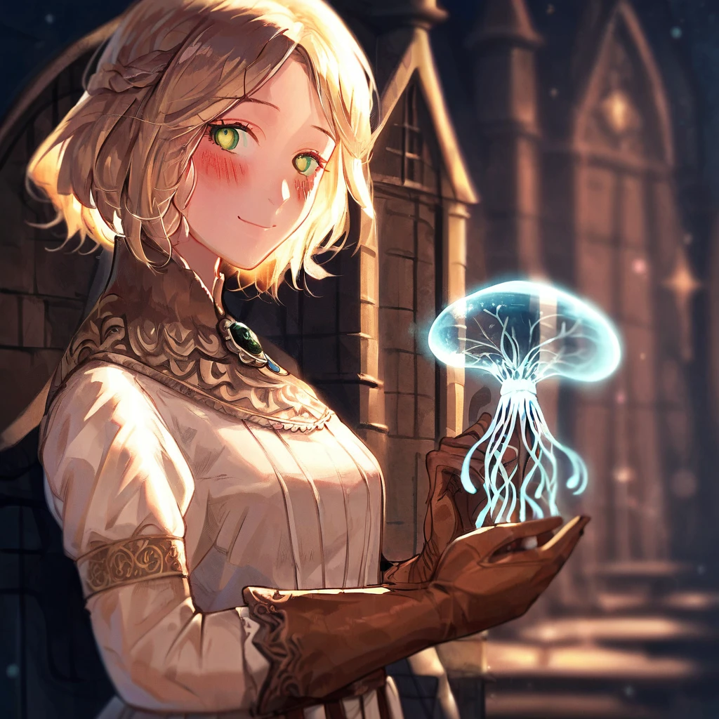 1girl,solo,
<lora:Roderika:1>,roderika,elden ring,looking at viewer,bright pupils,green eyes,smile,blush,holding jellyfish,brown gloves,dress,brooch,church, seiza,, (score_9,score_8_up,score_7_up), anime style, beautiful detailed skin, beautiful eyes, detailed face, best quality, high quality,