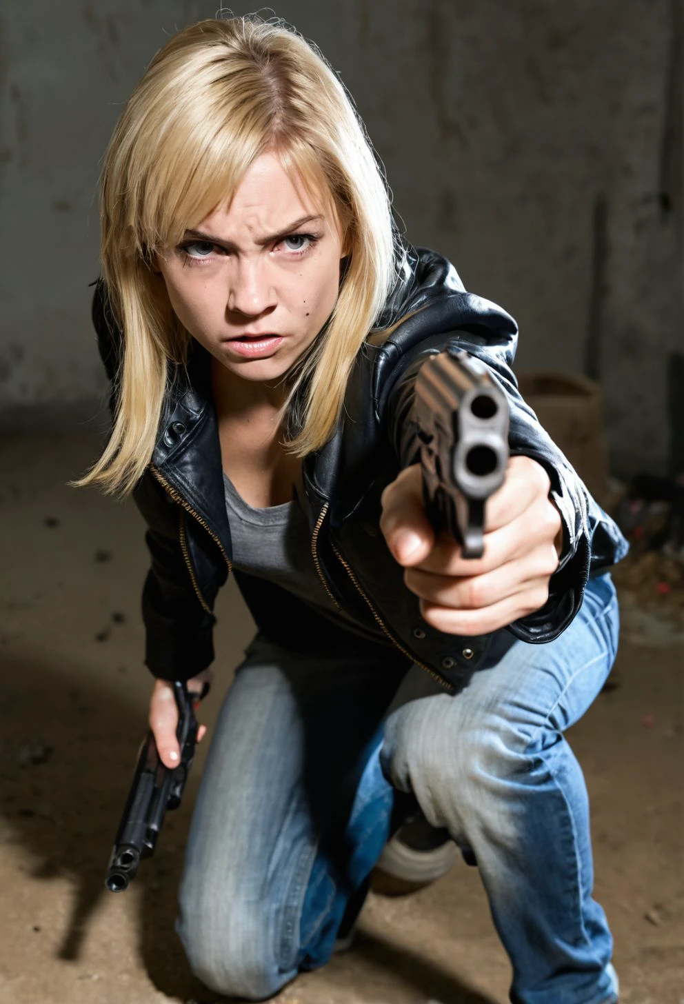 woman is crouching down and pointing a gun at the camera. weapon, gun, male focus, blonde hair, realistic, 1boy, handgun