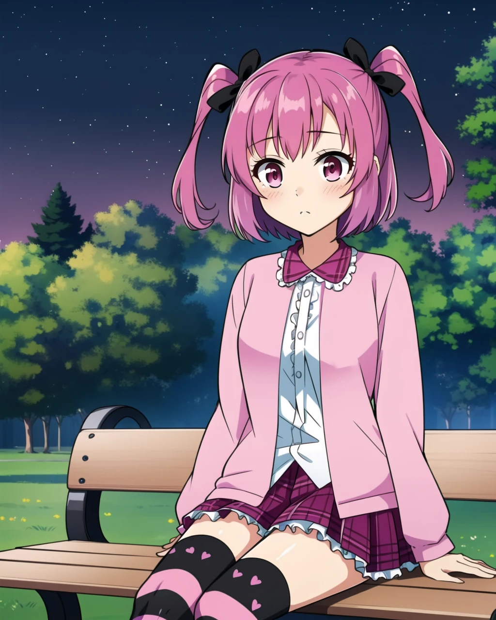 masterpiece, high quality, 1girl, mgrcmakinoikumi, medium shot, upper body, dynamic pose, pink eyes, pink hair, short twintails, black hairpins, white shirt with pink collar, pink sweater, pink striped skirt, black thighhighs with cat print, outdoors, park, detailed, night, sitting, bench, <lora:mgrcmakinoikumi-05:0.75>