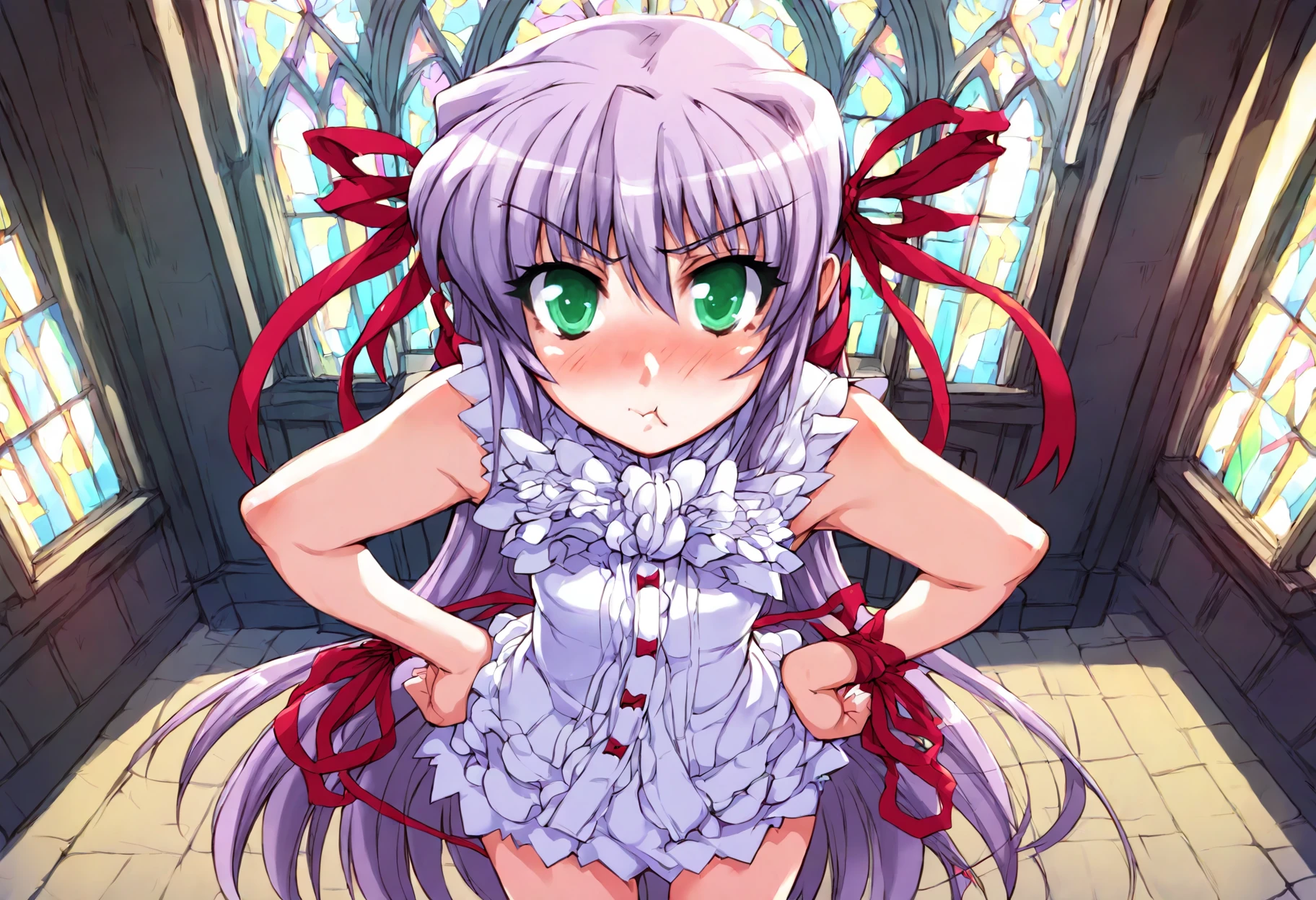 Girl with pink hair, long twin-tail hairstyle, (small bushy pink eyebrows), dressed in gothic ta clothing, loli(Zankuro) drawing style by zankuro artist, Zancro style, image uploaded to R34, (in a church full of people), , flirty smile, lifting her dress to show her wide, naked hips, underwear in her hands, breasts out, wearing a wedding dress