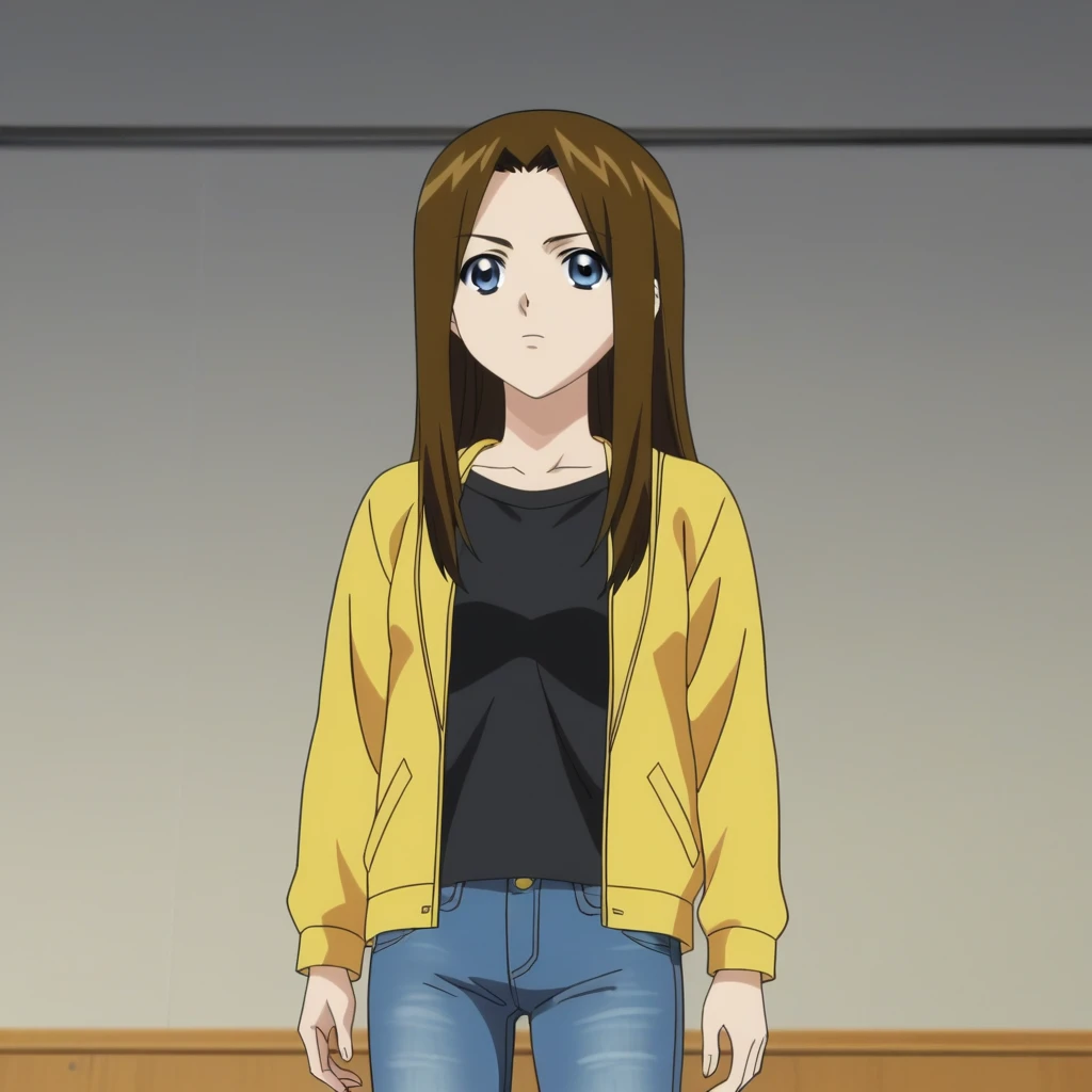 score_7_up, BREAK, anime screencap, Misha Miramond, 1girl, solo, long hair, brown hair, blue eyes, <lora:Misha_Miramond_XL_Leaf1:1>, black shirt, open jacket, jeans, cowboy shot,