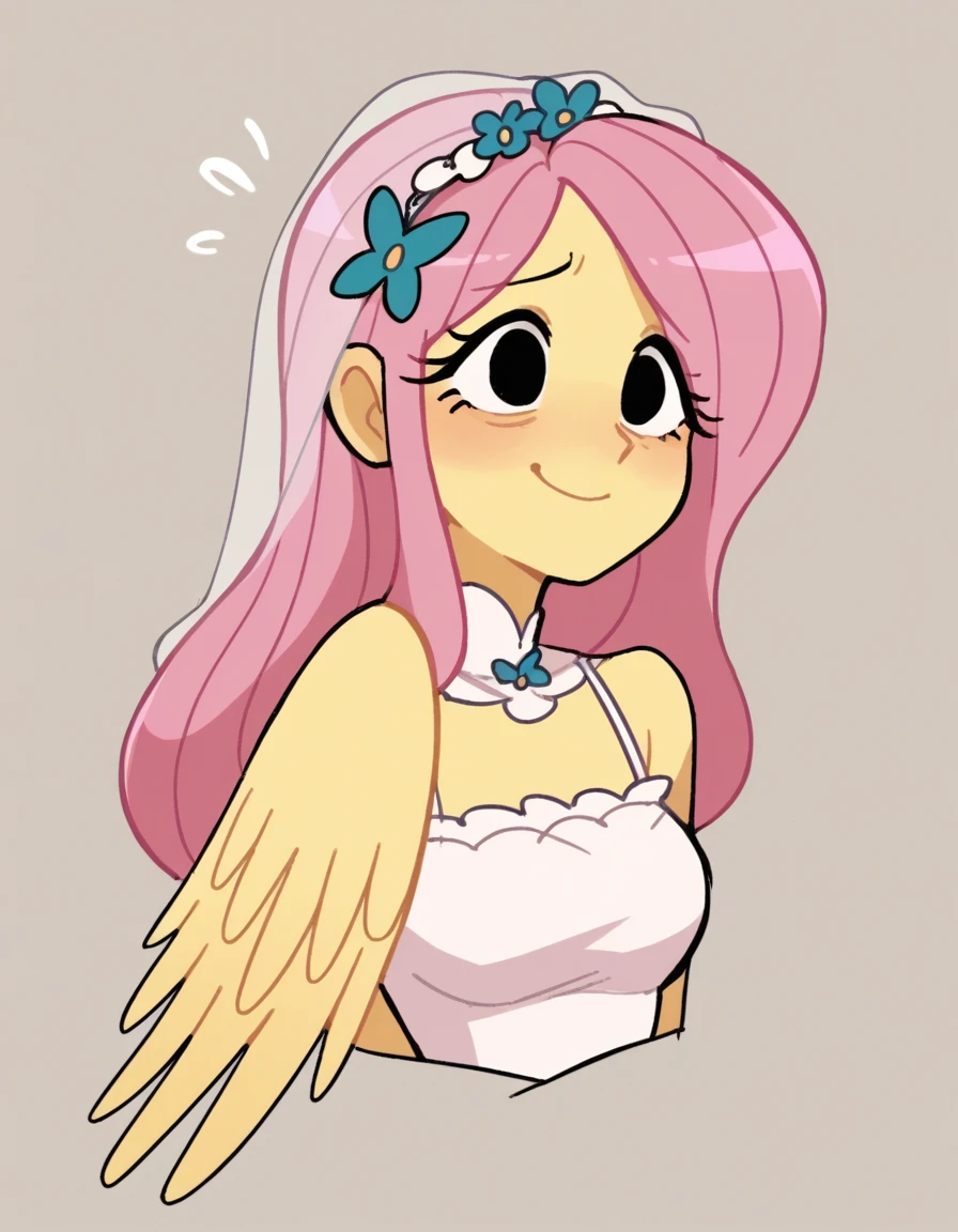 zPDXL, score_9, score_8_up, score_7_up, source_anime, 8k, absurdres, flat color, sketch,
<lora:StickySweet_v2:1> stkyswt, 1girl, solo, black eyes, bride wearing Feathered crop top with rhinestone accents, feathered mini skirt, feathered headband, feathered sandals, wedding veil with lace, dainty floral hairpiece,heirloom brooch, upper body, portrait, personification, human , fluttershy, yellow skin, pegasus wings, black eyes, pink hair, nervous, nervous smile,