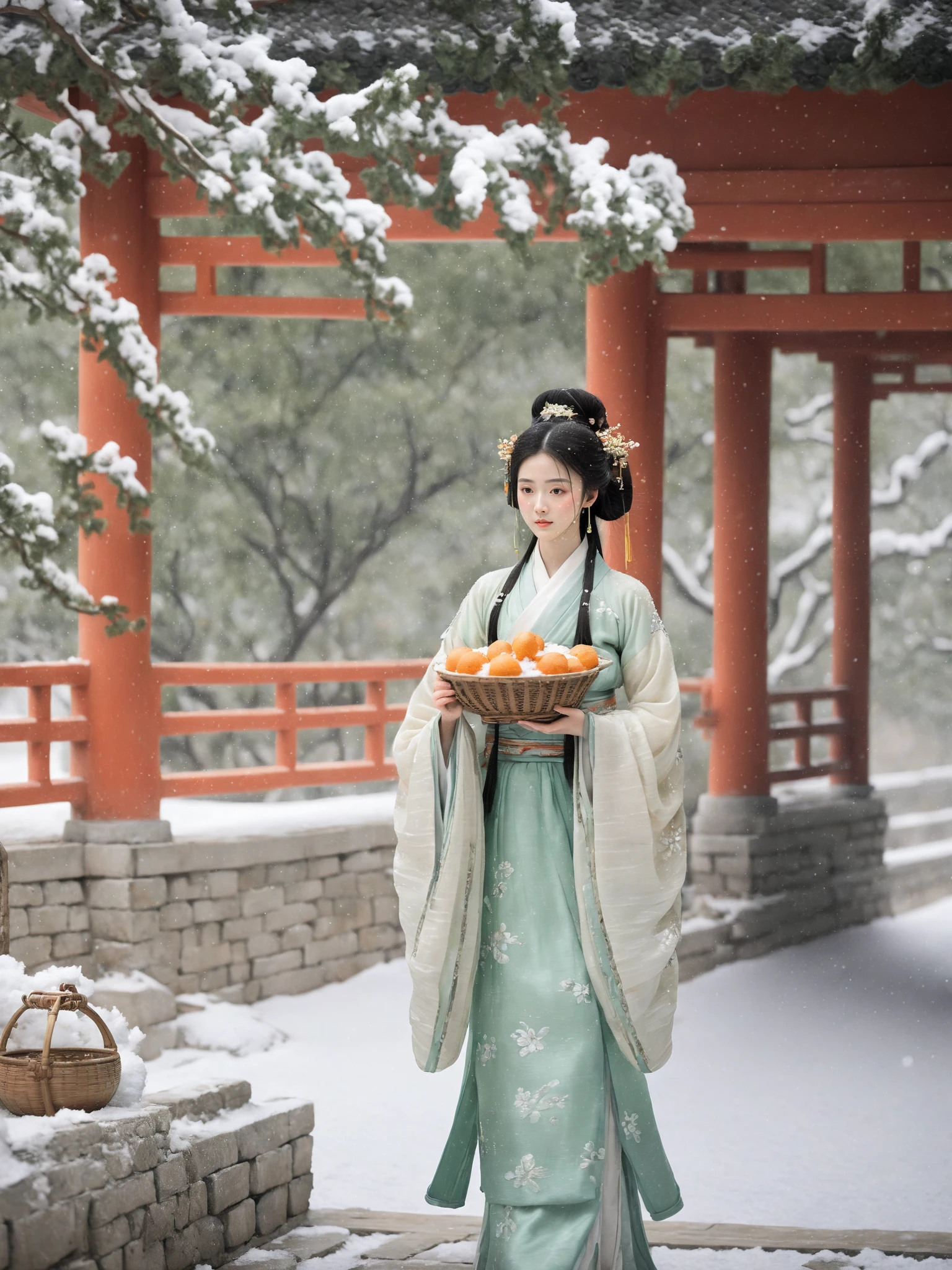 illustrations,KawaseHasui,Hanfu costume, beautiful girl standing, Song Dynasty Hanfu, whole body, flower basket, beauty, affectionate, long eyelashes, high nose bridge, Song Dynasty Hanfu, winter, snowy day, snowfall, treetop snow, snow on the ground, soft depth of field and soft bokeh,