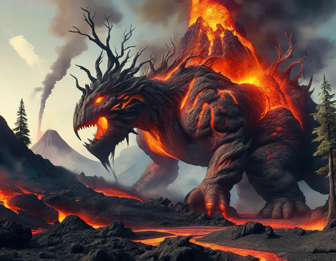 Treeback, creature, giant creature, monster, trees, on back, on fourth, 3d, volcano background, lava