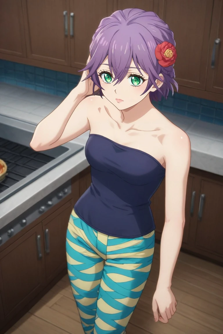score_9, score_8_up, score_7_up, source_anime, rating_safe, intricate details, (realistic:0.6), , , 1girl, solo, <lora:hiro_segawa_pony:0.82>, hiro_segawa, purple hair, green eyes, short hair, bangs, hair between eyes, braid, from above, kitchen, cooking, night, full moon, jojo pose, expressionless, strapless, two-tone pants, hair flower, red flower, animal ears, tail, <lora:sdxl_lightning_8step_lora:1>