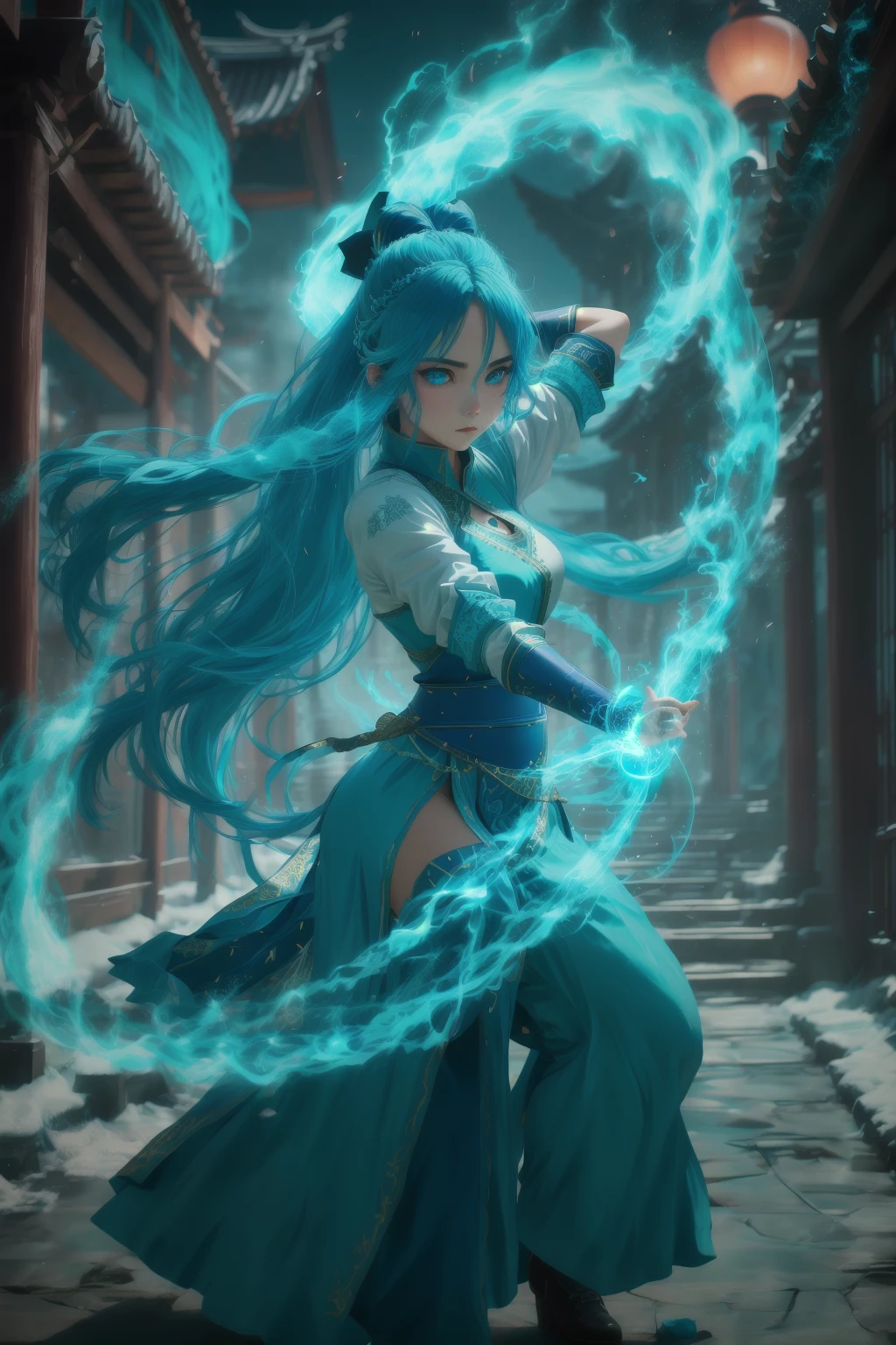 fighting stance,dancing,ancient-costume,cyan-aura,using cyan-magic,cyan-magic,1girl,solo,long hair,blue eyes,<lora:magic_fighting_cyan_512_15:0.8>,