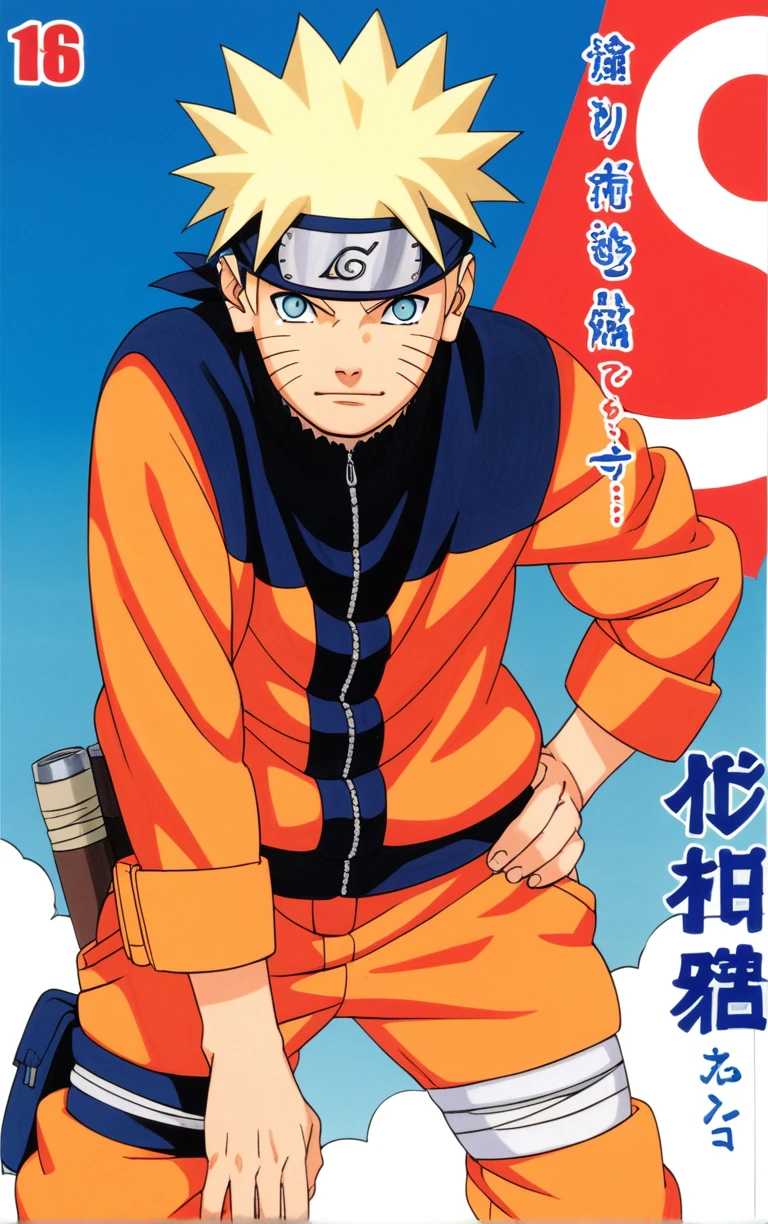 score_9, score_8_up, score_7_up, looking at viewer,  BREAK
colored_narutomanga_ownwaifu, 
male focus, 1boy, spiked hair, uzumaki naruto, blonde hair, konohagakure symbol, blue eyes, long sleeves, whisker markings, ninja
(contrapposto, hand on hip), manga cover, 
<lora:PONYXL_NarutoMangaColored_ownwaifu:0.8>,