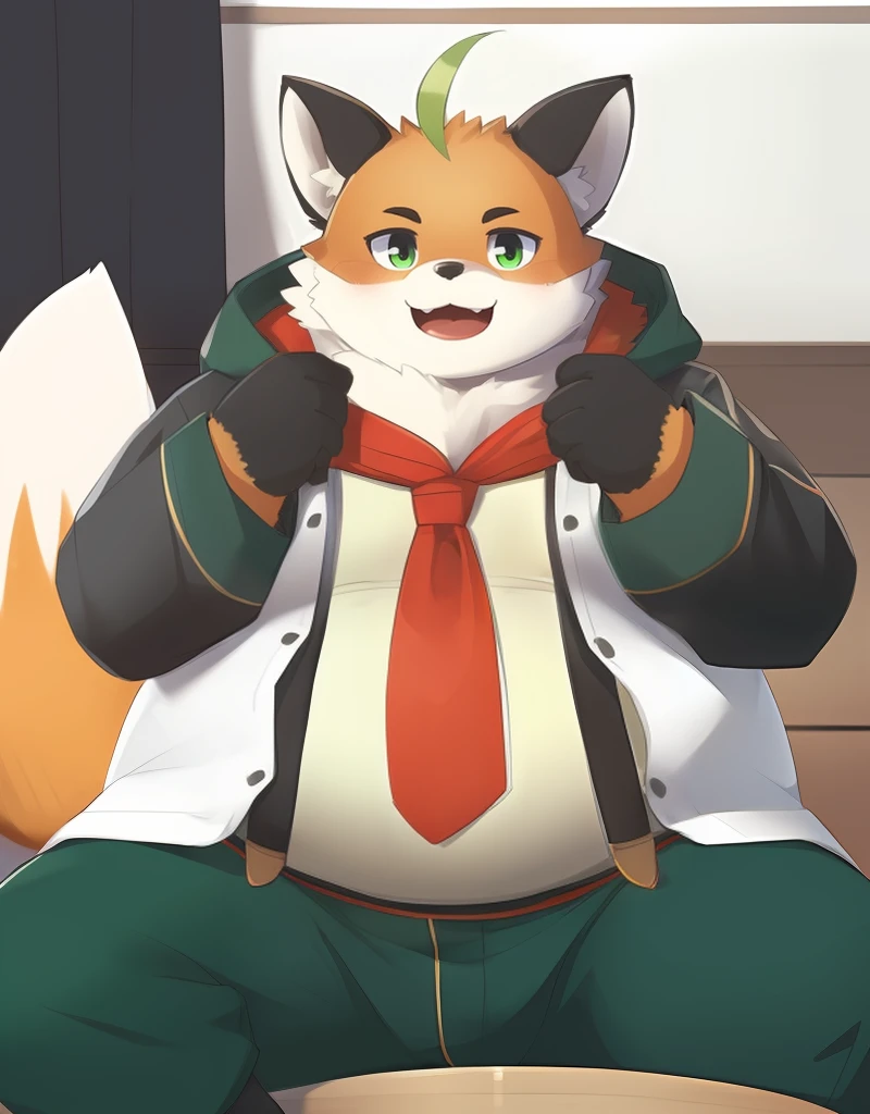 (((detailed eyes, detailed face))), (furry, iyo <lora:character_iyo_findigo_v1:0.9>, two-tone fur, ahoge, fox boy, snout, green eyes), male, (solo), (plump, fat, chubby, overweight), (white coat, green pants), sitting, (arms behind back), smile, (front view) BREAK (konzaburou, ukan_muri), bedroom, (flat shading, high brightness), 8k, UHD, masterpiece, (full body)