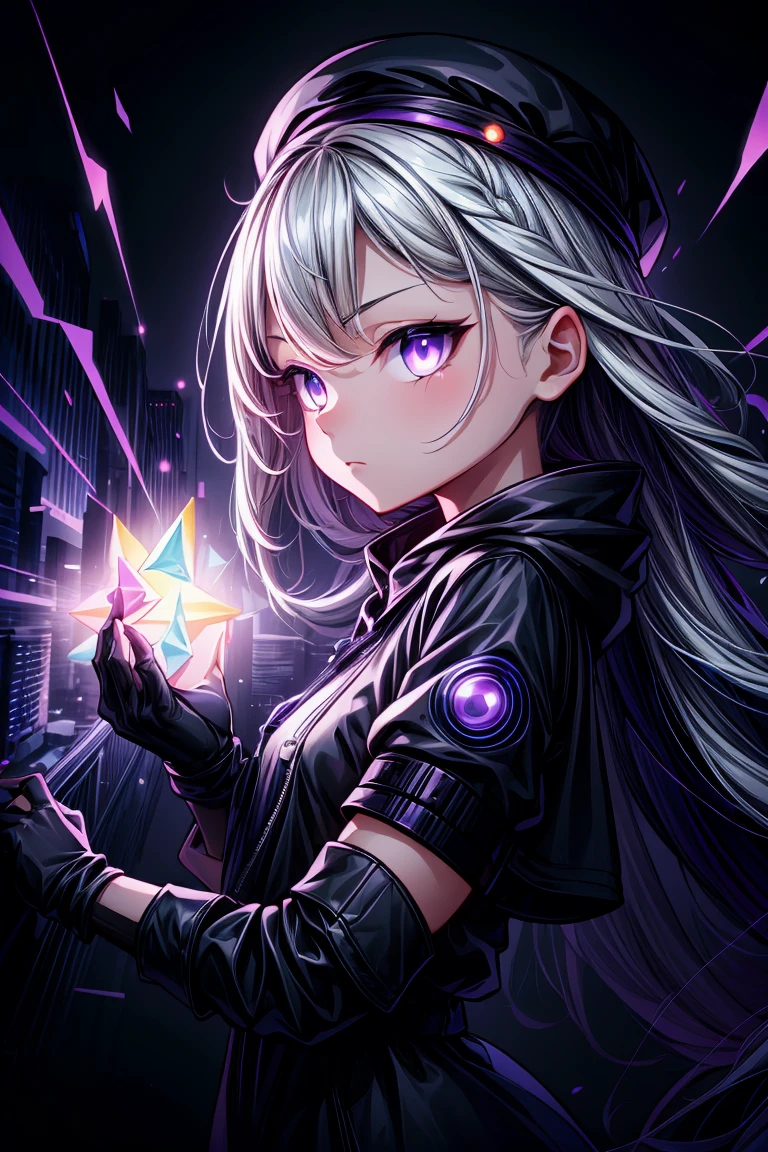 (incredibly_absurdres,absurdres,best_quality:1.3),(album_cover:1.5),(vibrant purple and blue cyberpunk theme:1.3),1girl,solo,(badass,powerful:1.3),cold,(perfect_face:1.4),((Detailed Eyes)),((Detailed)), ((Masterpiece)), ((Cyberpunk City)), ((Cityscape)), ((Purple Lighting)), ((Extremely Detailed Background)), ((Blue Lighting)), ((Impressive)), ((Elegant)), ((Mind-blowing)), ((Phenomenal)), anime, Shojo, Romance, Drama, digital artwork, Digital masterpiece, Digital masterpiece, Digital illustration, neon light, Neon illumination, Electrifying light, Vibrant glow, 35mm, Panoramic view,Illustration,Cover,enigmatic figure,draped in translucent fabric,crystals adorning hair,dreamlike swirl,pastel hues,soft light,evoking calm serenity and elusive beauty,Non-representational,colors and shapes,expression of feelings,imaginative,highly detailed,fingerless_gloves,black_headwear,purple_eyes,looking_at_viewer,upper_body,from_side