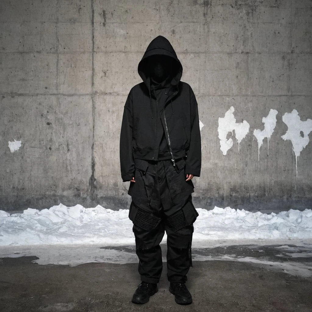 wide pants,archive pants,distorted pants,a man standing in front of a concrete wall wearing a black jacket and pants with a hoodie on, Felix-Kelly, tech wear, cyberpunk art, neo-expressionism, Abdullah Gërguri, promotional image, an album cover, net art man,archive,high fashion,pale skin,torn clothes,scuffs clothes, abrasions clothes ,rubs clothes,dark,90x,bad quality,no face,bandage,scarf hide his face,melted clothes,flowing clothes,blood stains on clothes,abstract forms,ice melted,antarctica,furr,<lora:High_Fashion:1> <lora:badquality_v02:1>, night time, CCTV, Canon EOS 5D, Polaroid style, iPhone