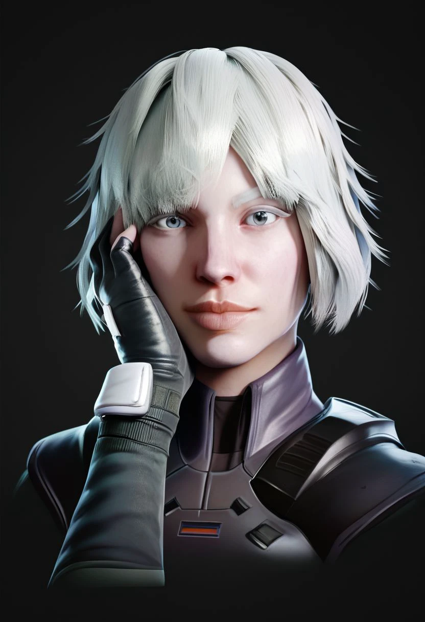 score_9, score_8_up, score_7_up,
lana, lana \(Rainbow Six Siege\), 1girl, solo, looking at viewer, short hair, simple background, gloves, closed mouth, white hair, fingerless gloves, lips, grey eyes, black background, portrait, hand on own face,  realistic,