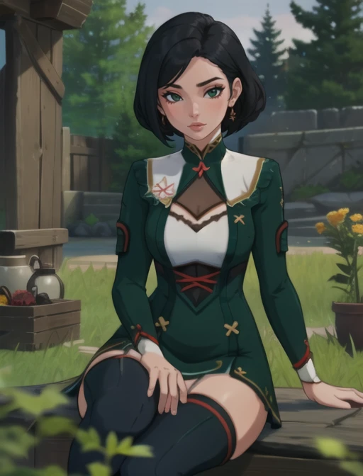 (masterpiece, best quality),(depth) of (field),  <lora:AdventurerOutfit:0.7>adventureroutfit, adult, 1girl sitting in a field of green plants and flowers, warm lighting, blurry foreground,