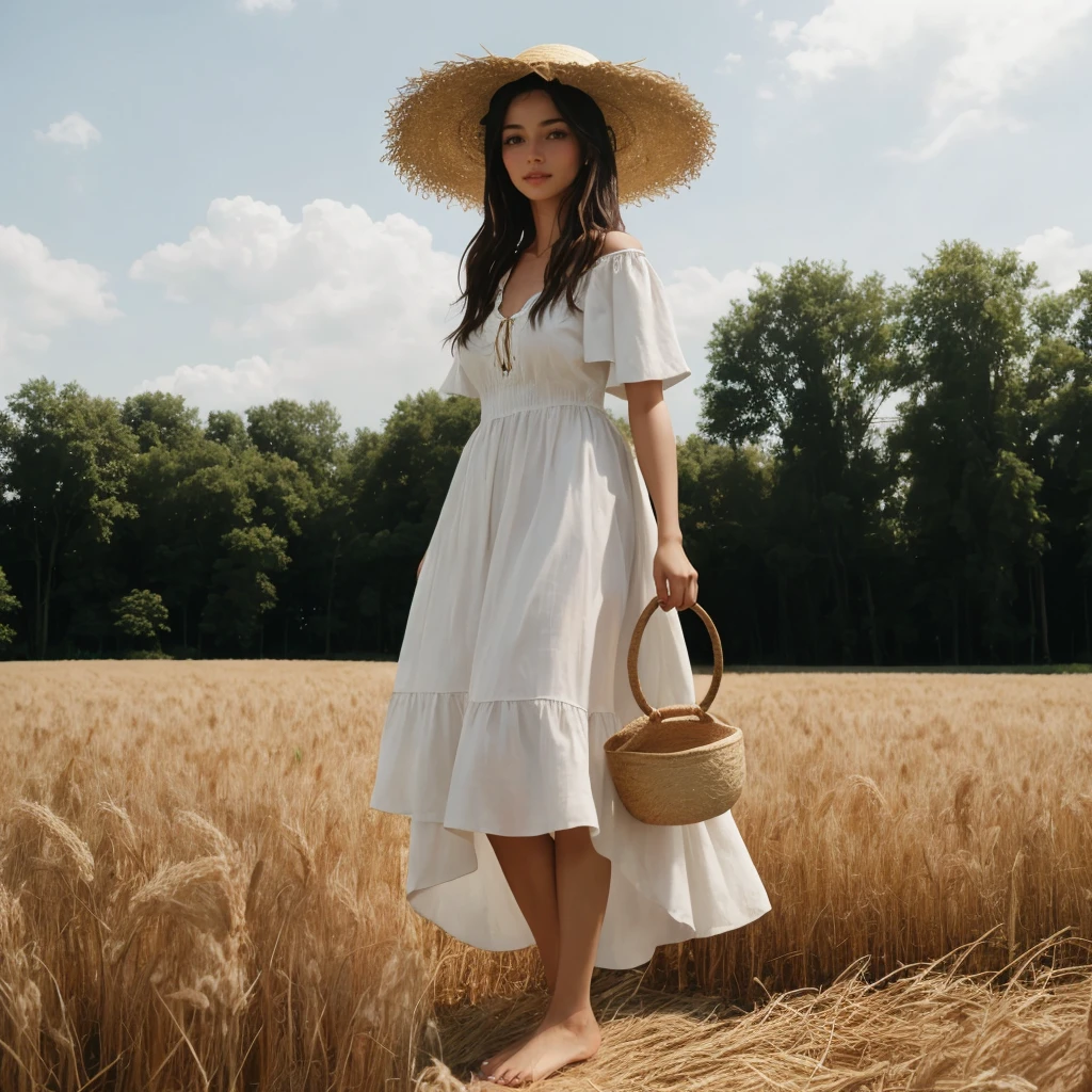 a barefoot woman standing in a field, straw hat, pastorallife <lora:Pastoral_v4-000030:1>