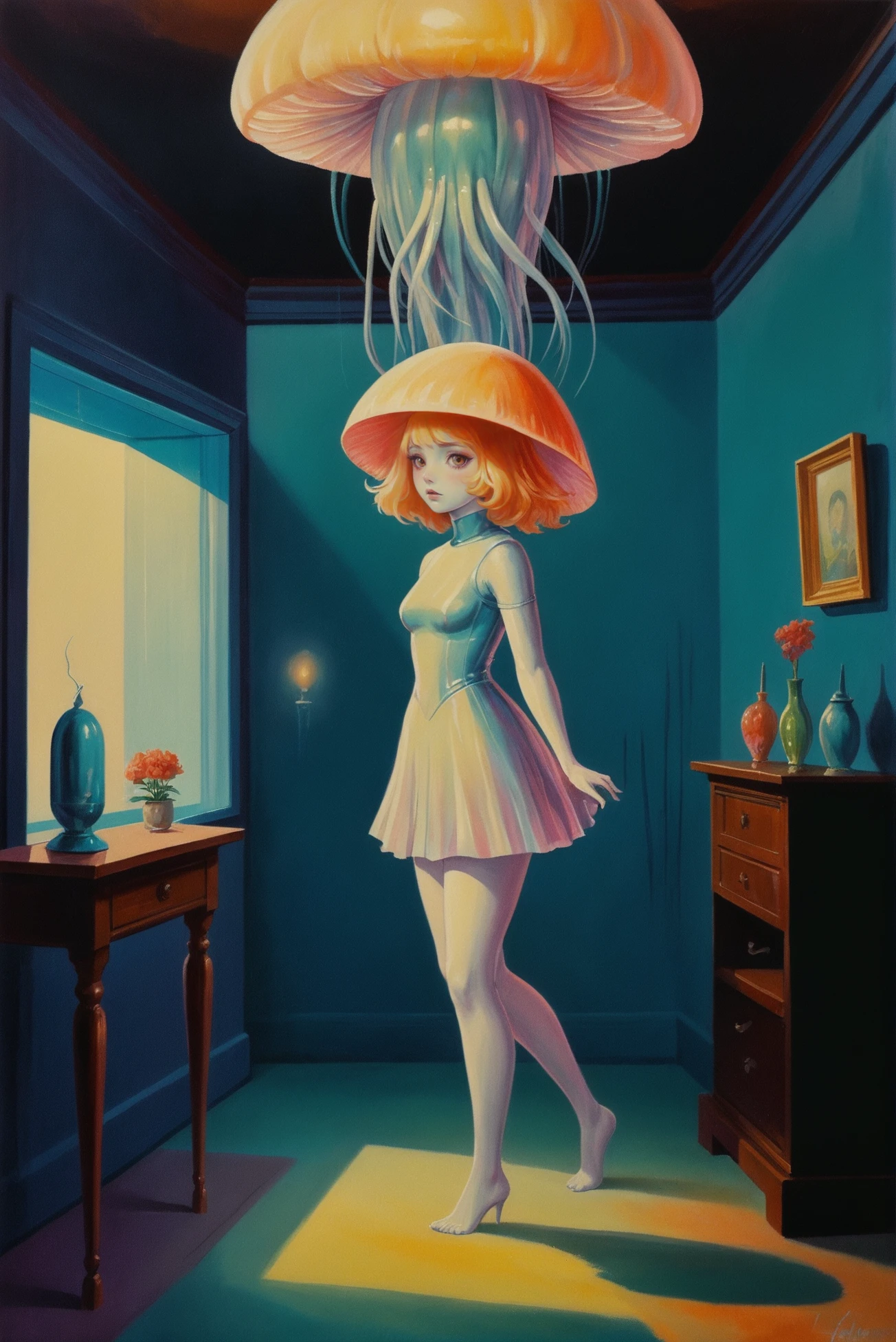 retro 1910s horror painting, rough brush strokes, anime style, warmly lit interior, in a Drab Iridescent jellyfish bloom<lora:EnvyStarlightRetro03:1.25>