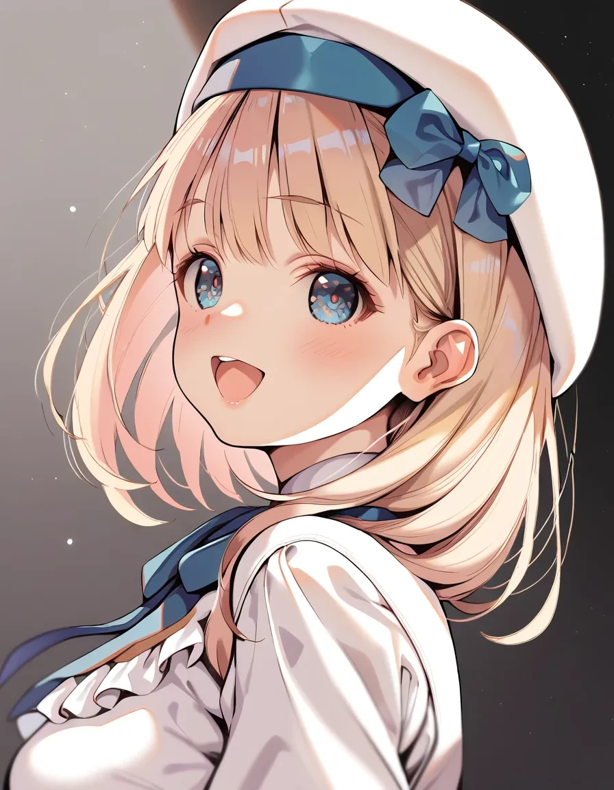 score_9, score_8_up, score_7_up, score_6_up,a girl is looking at viewer, smile, white beret, neck ribbon, frilled dress, open mouth, blush, from side, dutch angle,
<lora:kink_style_pony6_v2-000038:1>
