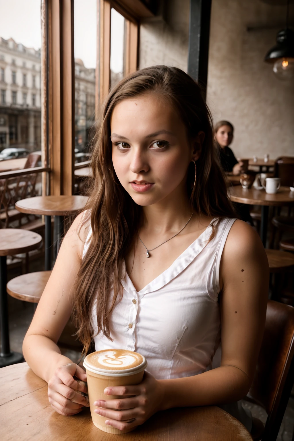 <lora:AndreaBetakova:0.80>, full color portrait of a young woman, having coffee at a vintage cafe, natural light, RAW photo, subject, 8k uhd, dslr, soft lighting, high quality, film grain, Fujifilm XT3, Nikon D850