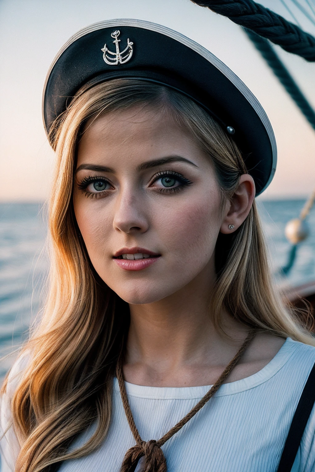 AbigaileJ_SoloTI_v1,
(Decked out in a striped sailor shirt paired with high-waisted shorts and a captain's hat, with rope accents and anchor motifs),
(On the deck of a sailing ship, with billowing sails and the salty sea breeze filling the air, as seagulls circle overhead and waves gently lap against the hull:1.3),
(seductive:1.3),(analog, cinematic, film grain, hazy atmosphere, cinematic shot:1.3),
<lora:add_detail:0.6>,, PA7_Portrait-MCU,