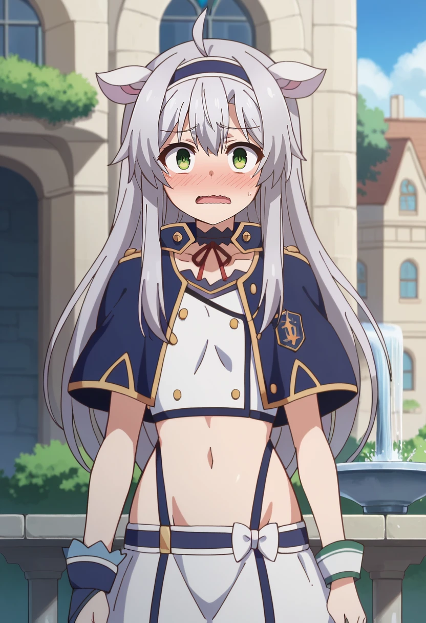 score_9, score_8_up, score_7_up, source_anime, 
<lora:Rokuaka_SistineFibelXL:0.8>, SistineFibel,
1girl, solo, open mouth, wavy mouth, blush, embarassed,
grey hair, green eyes, long hair, ahoge, animal ears, hairband,
SistineSchool, asymmetrical clothes, blue capelet, choker, red ribbon, white shirt, crop top, garter straps, white skirt, buttons, short sleeves, navel, single wrist cuff, single glove,
standing, looking at the viewer,
outdoors, medieval, fantasy, city, fountain, blue sky, sunlight