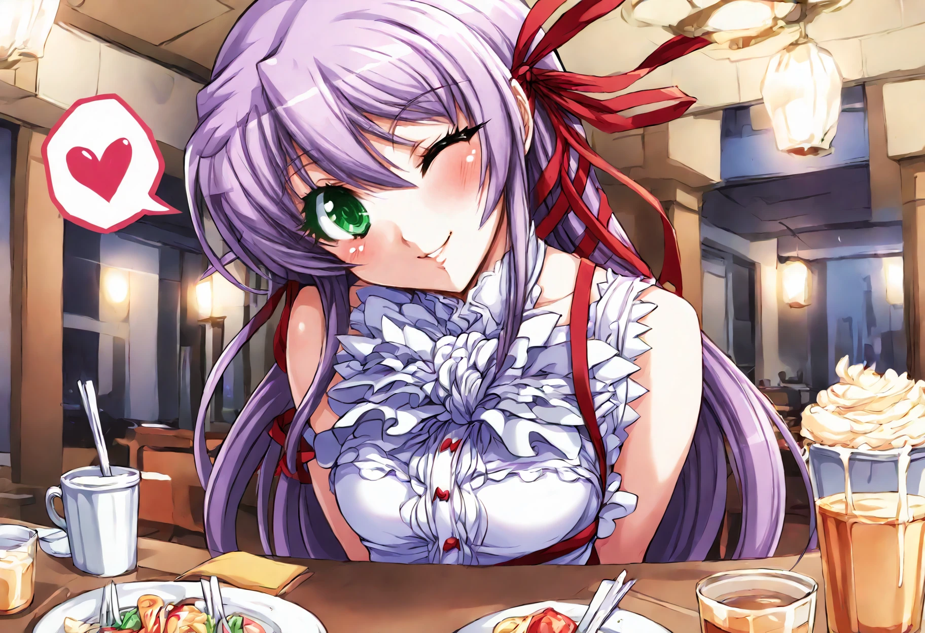 score_9, score_8_up, score_7_up, source_anime, uncensored, zPDXLxxx, <lora:intricate_details:1> intricate_details_xl, restaurant
<lora:Al_Azif_v1.1:1> Azif, al azif, 1girl, solo, default outfit, long hair, ribbon, purple hair, green eyes, hair ribbon, looking at viewer, arms behind back, one eye closed, blush, smile, happy, (head tilt:1.1), spoken heart,