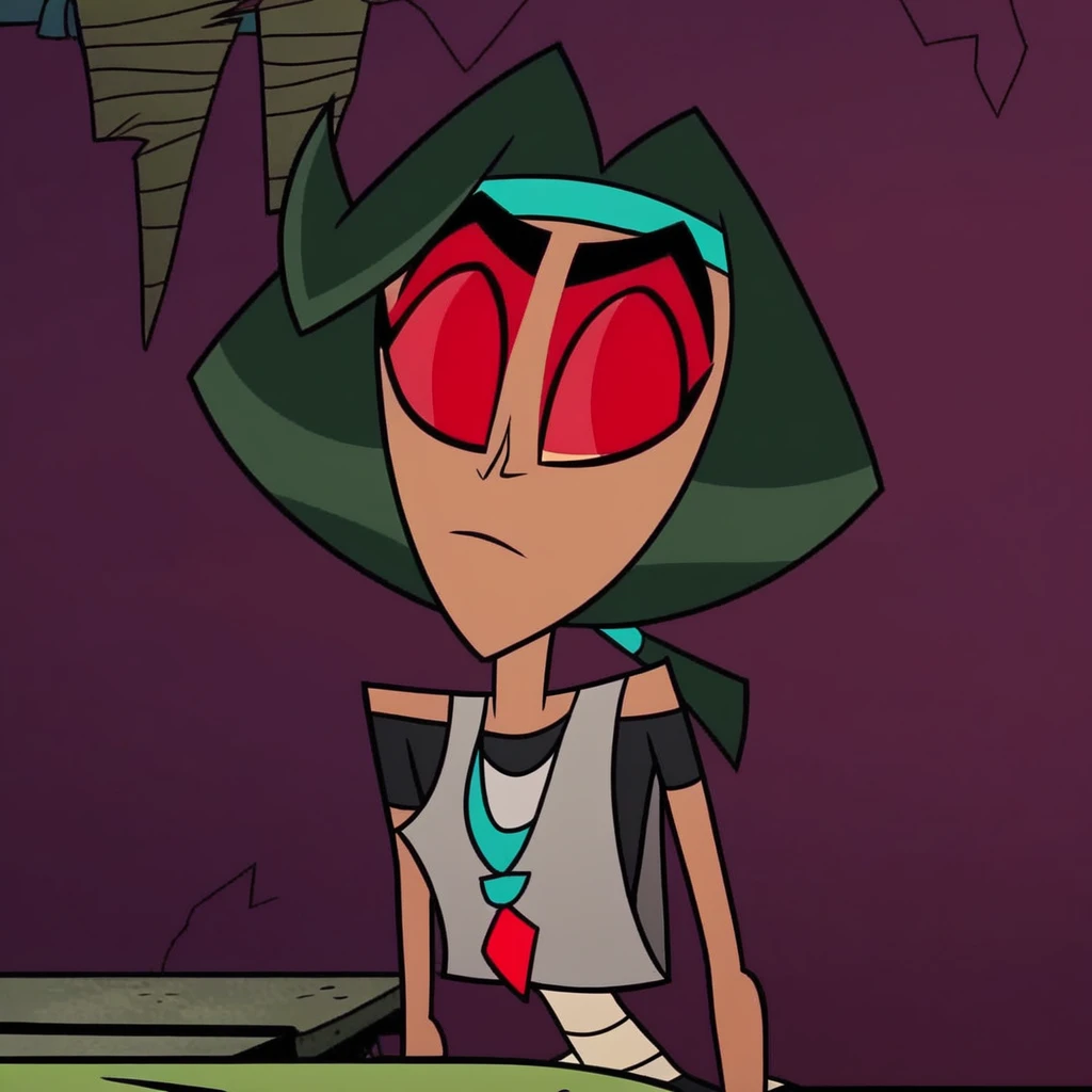 native american, green hair, headband, dark-skinned female, Buffalo Wing from Long Gone Gulch, Long Gone Gulch, dark skin, red-eyeliner, 1girl