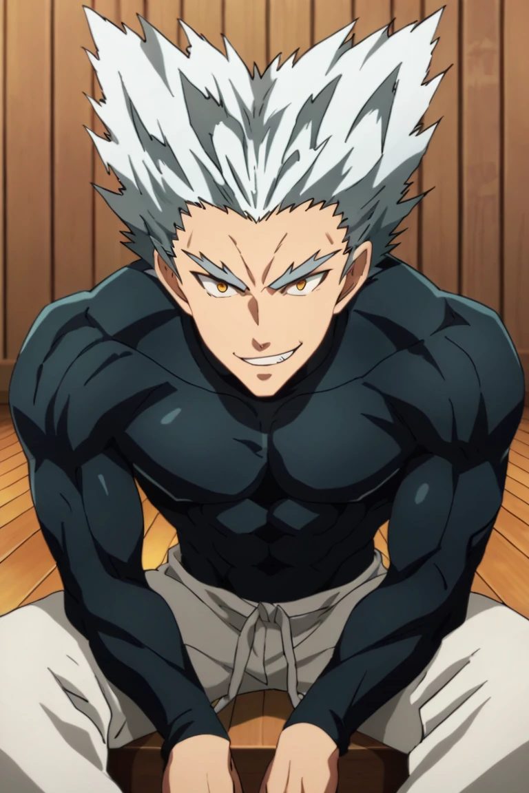 score_9,score_8_up,score_7_up,source_anime,1boy, male, solo, looking at viewer, Garou,silver hair, yellow eyes,spiked hair, muscler, indoors, upper body, sitting, black_bodysuit, white pants, looking, down, pov, grin,