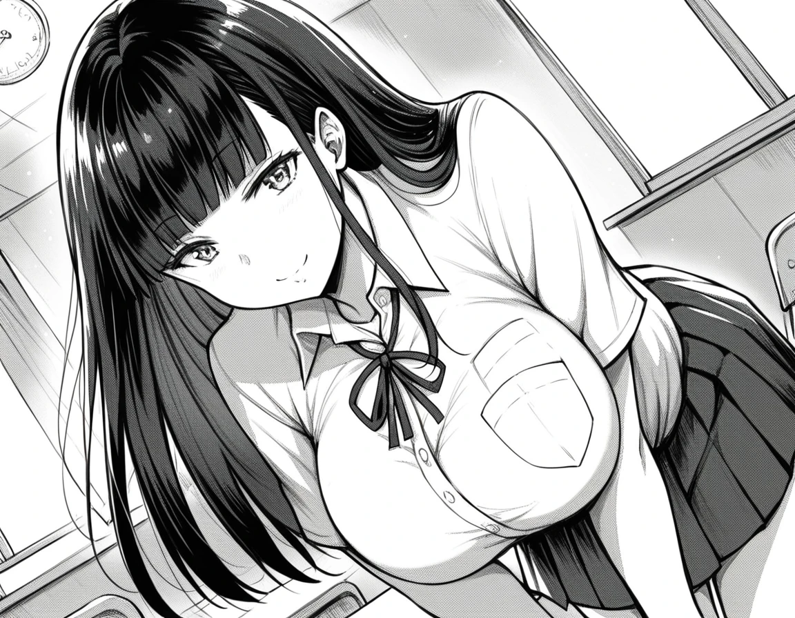 score_9, score_8_up, score_7_up, source_anime,
aksichika, <lora:aks-ichika-manga-ponyxl-lora-nochekaiser:1>,
ichika, long hair, bangs, large breasts, monochrome, greyscale, blunt bangs,
skirt, shirt, ribbon, school uniform, pleated skirt, collared shirt, dress shirt, neck ribbon, shirt tucked in, breast pocket,
indoors, classroom, bent over, smile,
cowboy shot, looking at viewer, solo, dutch angle,