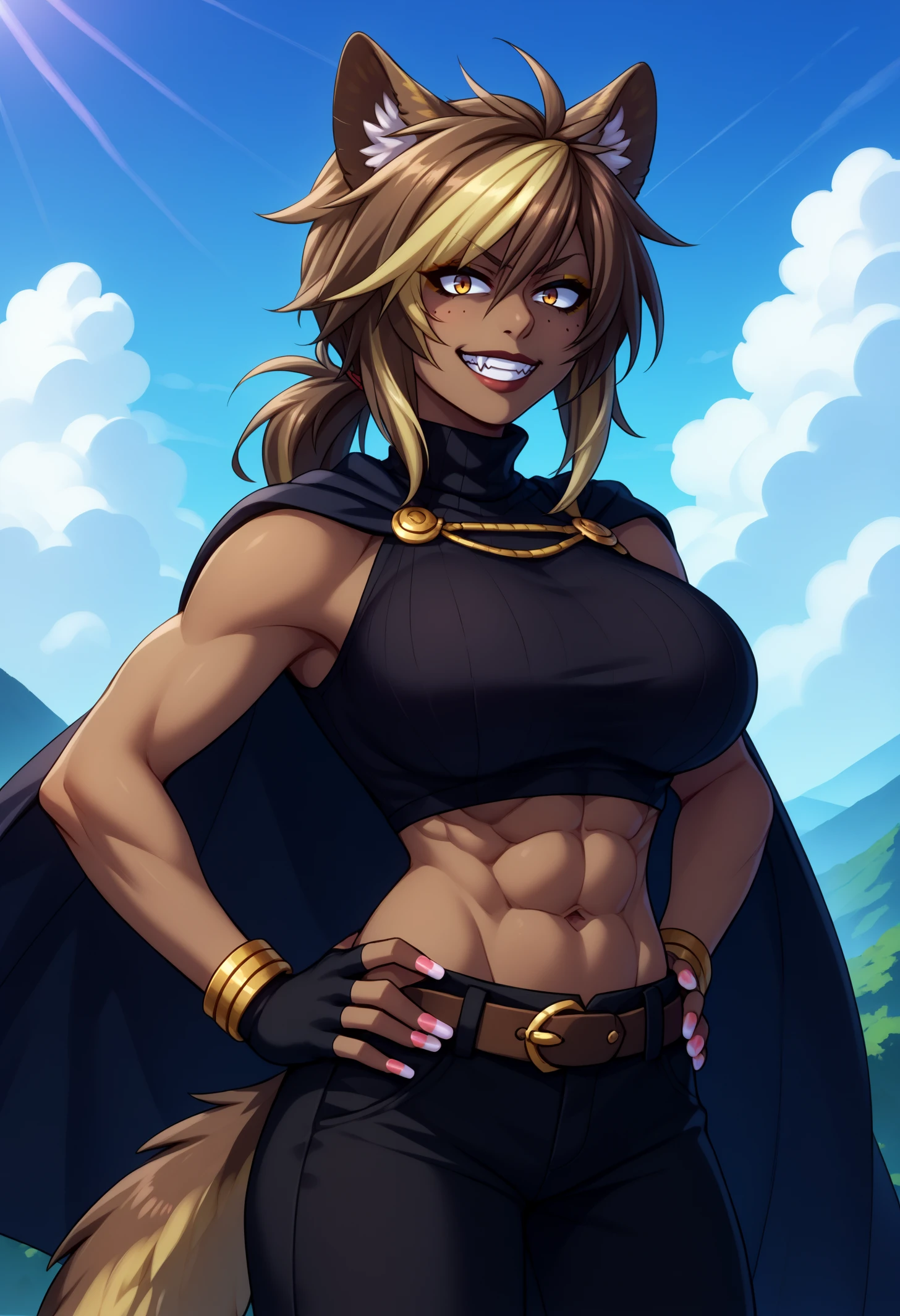 Solo, female, pink turtleneck tunic, cloak, fantasy outfit, fantasy village, short hair, wavy hair, messy hair, ((dark tan skin)), glasses, cleric, cropped jacket, athletic, slightmuscle, slightly muscular, pants, abs