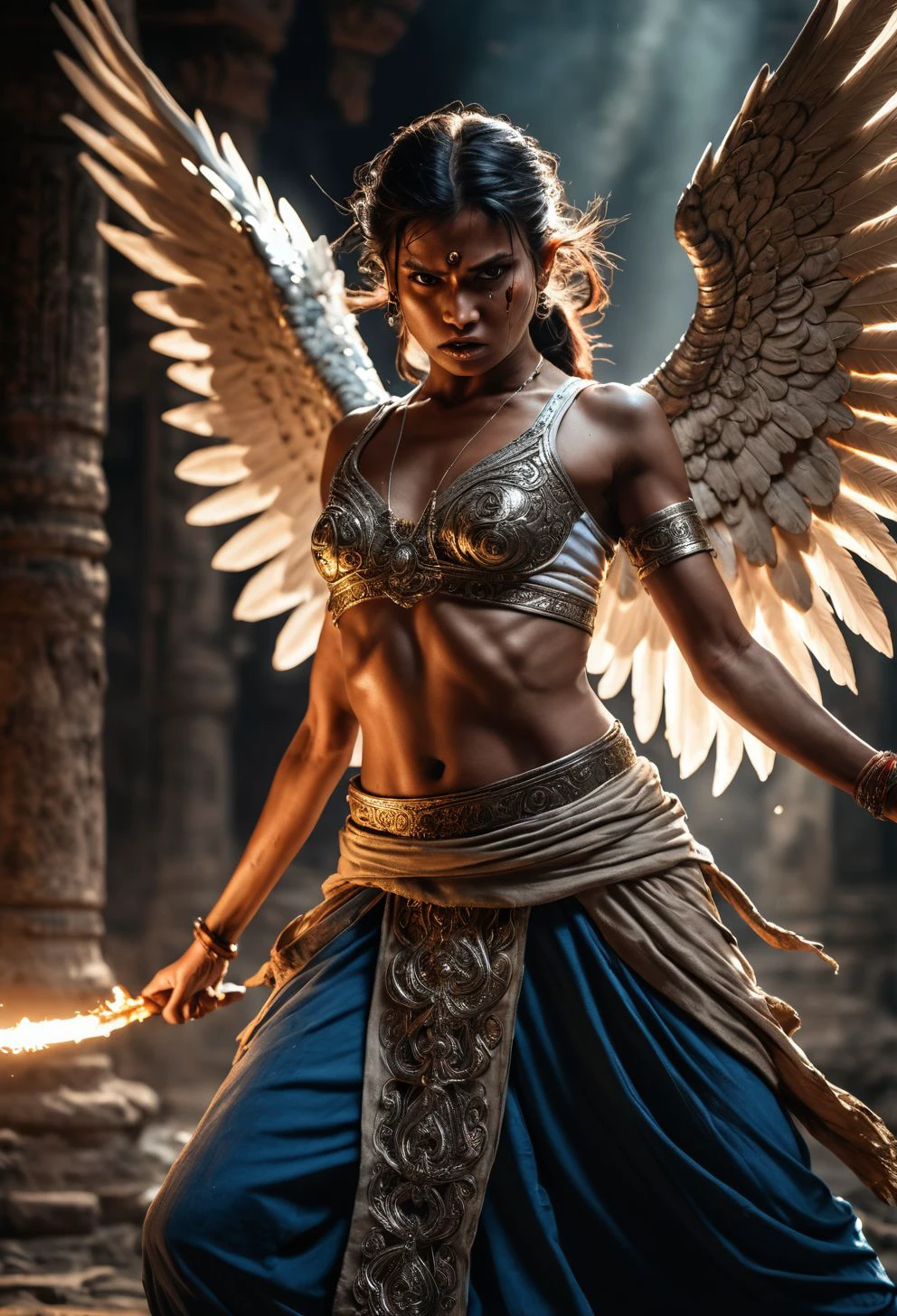 A RAW photo, dramatic lighting, determined focused angry angel, dynamic attack pose, Indian, Buddhistic fashion, sorcerer's stronghold, 8k, intricate details, highly detailed, nsfw