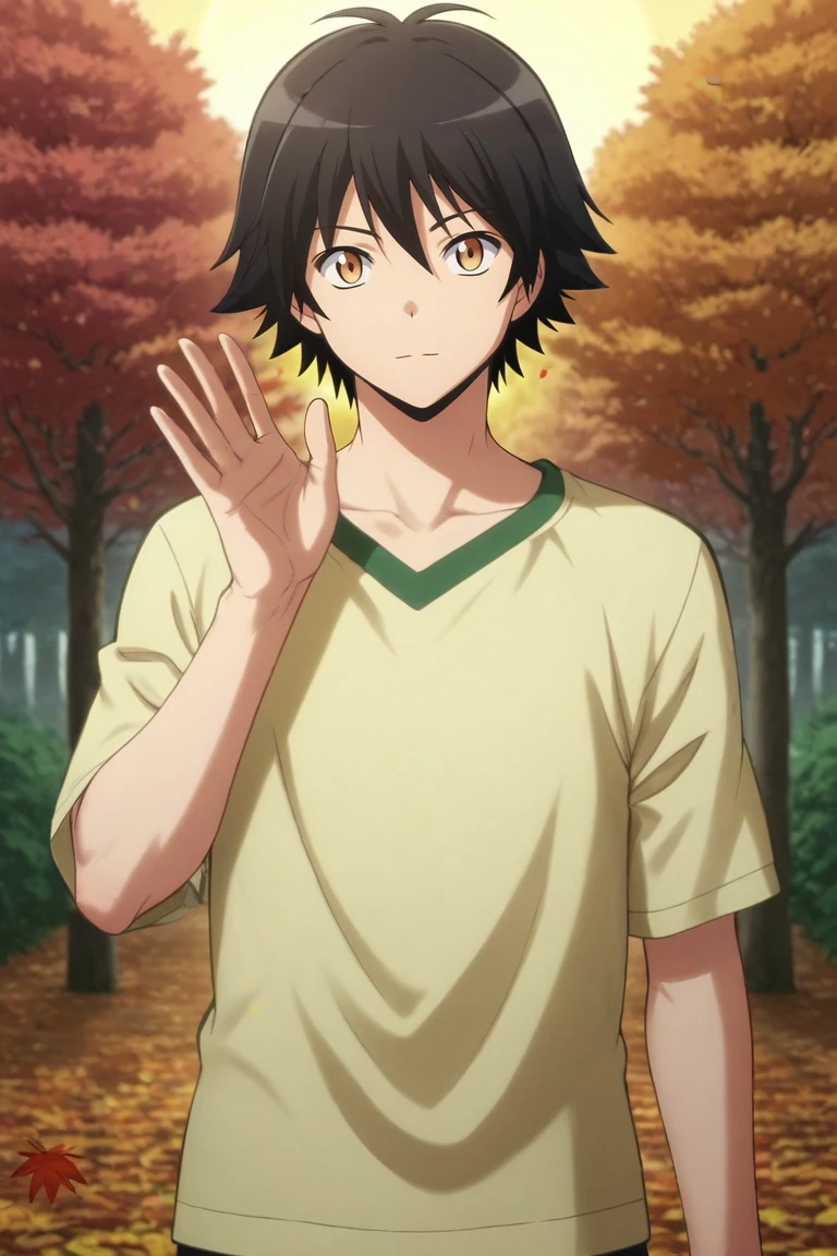 score_9, score_8_up, score_7_up, source_anime, rating_safe, intricate details, (photorealistic:0.6), looking at viewer, depth of field, 1boy, solo, male focus, <lora:yuuma_isogai_pony:0.82>, yuuma_isogai, black hair, brown eyes, short hair, cowboy shot, trees, autumn, leaves, night, full moon, waving, :o, , <lora:sdxl_lightning_8step_lora:1>