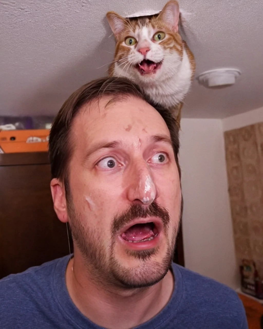 running from ceiling cat, <lora:XL_rekieta_v6:1>, rekieta, facial hair, tired, thin, gaunt, wrinkles, rekieta with nose bleed, white powder on nose, ceiling cat watching rekieta