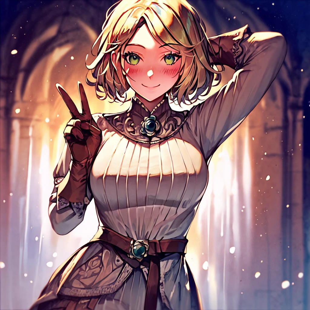 1girl,solo,
<lora:Roderika-000016:1>,roderika,elden ring,looking at viewer,green eyes,smile,blush,arms up,v,brown gloves,dress,brooch,, (score_9,score_8_up,score_7_up), anime style, beautiful detailed skin, beautiful eyes, detailed face, best quality, high quality,