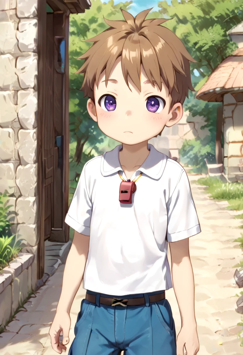 score_9, score_8_up, score_7_up, detailed eyes, BREAK
straight on shot, standing,
 <lora:natPony-000016:0.7>mia_nat, petite, aged down, child,
one boy standing in a stone village.
He has Brown hair and purple eyes.
He wears a red whistle as a pendand around his neck