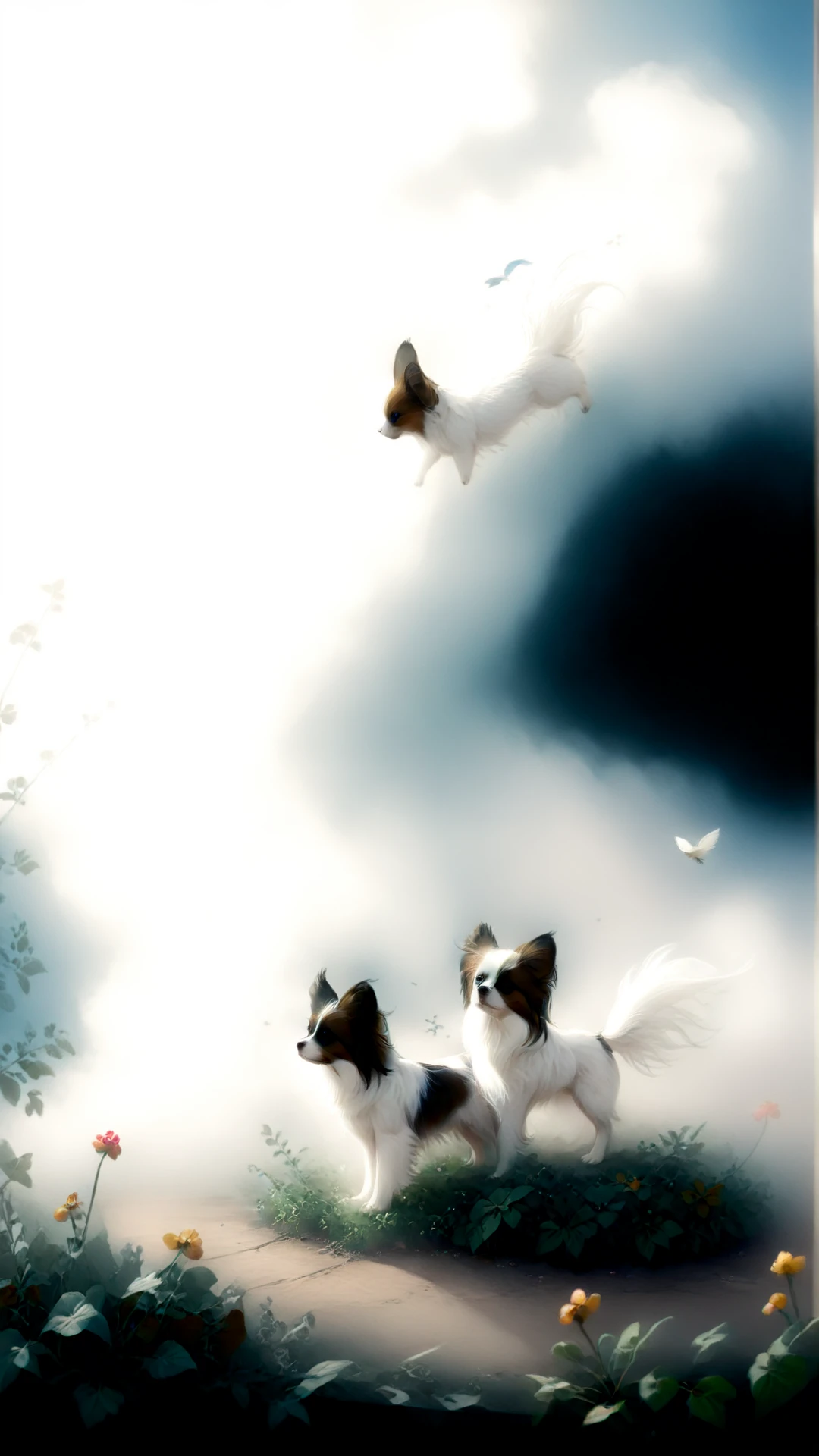 (3 dogs:1.2) playing in center, NOBLEDOGS_CTS    <lora:NOBLEDOGS_CTS-000018:0.53> NOBLEDOGS_CKCS    <lora:Noble_Dogs_XL_CKCS_E27:0.33>, (Phalene and Papillon dogs with long hairs blown by wind:1.3), (smiling and waving its tail:0.7), dark eyes of cute puppies, fit beautiful toy spaniel dogs
BREAK dogs are playing inside (cozy royal garden:1.1), big size difference in surreal dreamy picture, (unusual surreal perspective:1.2), (low contrast soft pastel drawing:1.1), (cloudy:-0.3) (sky with soft  dimmed light at early morning:0.8), full body detailed photorealistic drawing drawn by hand, (leafs and birds:0.8), (realistic highly detailed turbulent fog:0.8)
BREAK soft focus,  (shallow depth of field, Helios_44_2 swirly bokeh:0.6), (light leaks, gloom:0.4), (analog film simulation:0.8),  <lora:[XL]bokeh:0.17>  <lora:epiCRealismHelper:0.33>   <lora:Malapris_CinematicRedmond_LORA-128-001a:0.33> vintage  <lora:vintage-XL:0.33>