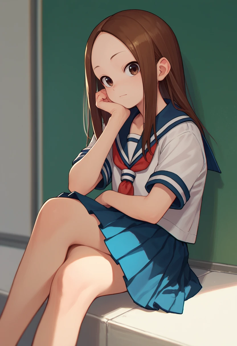 score_9, score_8_up, score_7_up, 1girl, solo, Takagi, brown hair, brown eyes, long hair, white serafuku, red necktie, blue stripes, blue skirt, sitting, crossed legs, looking at viewer, <lora:Takagi-san-000008:1>