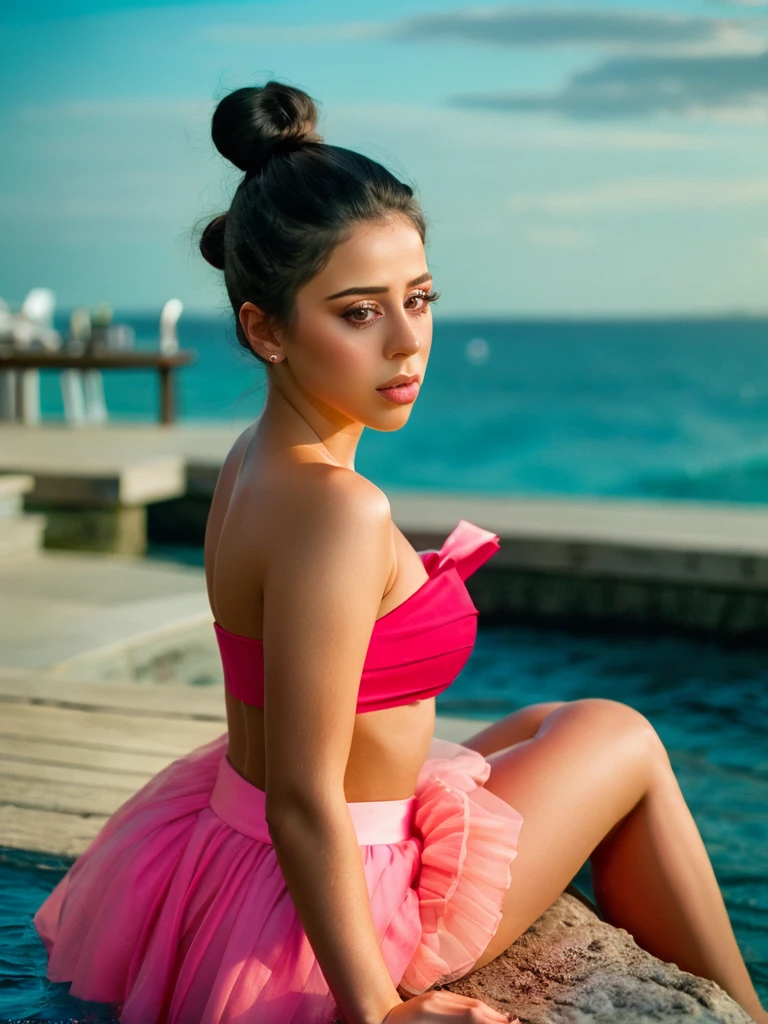 Realistic photo of a beautiful d4sh4m woman, 1girl, solo, breasts, skirt, black hair, bare shoulders, brown eyes, sitting, outdoors, hair bun, blurry, lips, strapless, ocean, single hair bun, pink skirt, realistic, professional Photography, Photorealistic, detailed, RAW, analog, sharp focus, high quality, film grain<lora:d4sh4m:1.0>